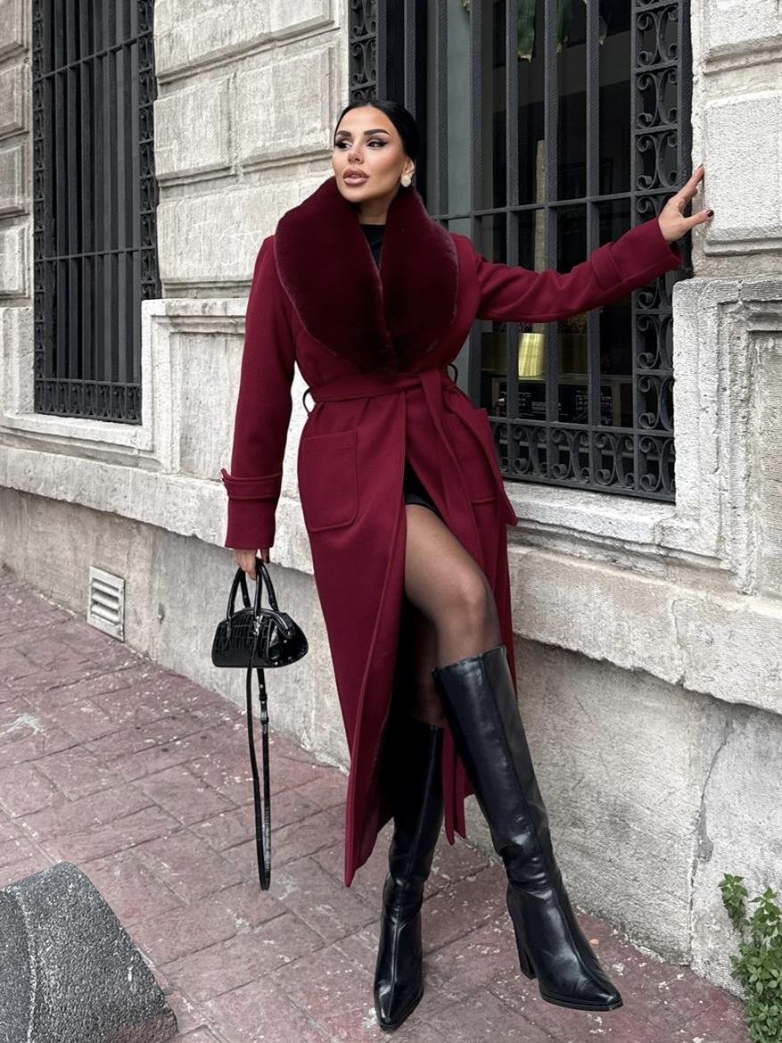 Brendas Kürk Yaka Kaşe Kaban Bordo