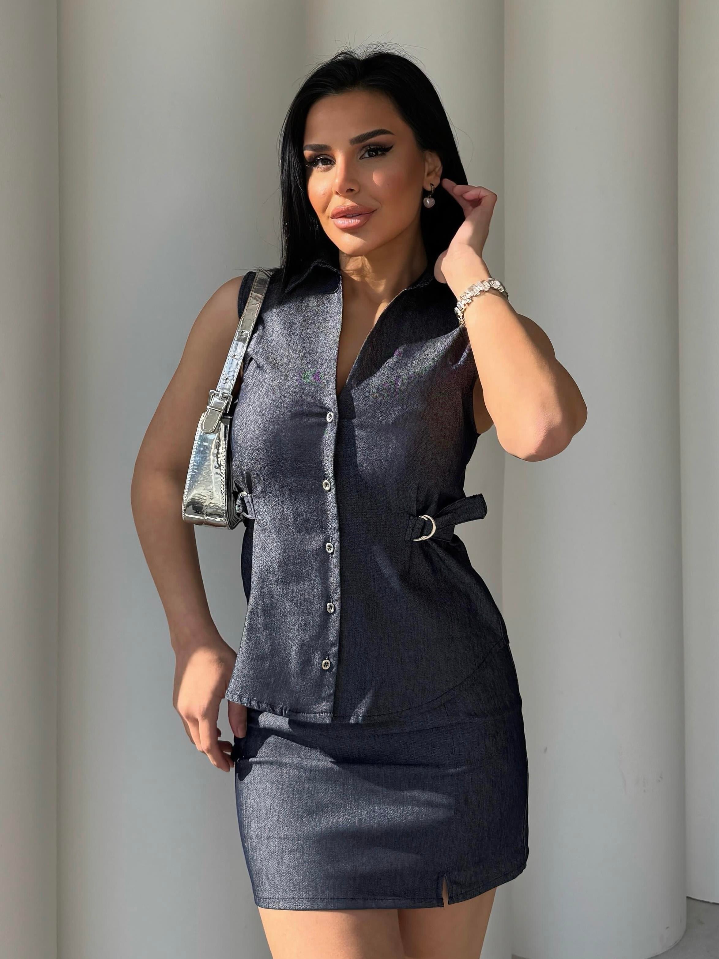 Chio Yandan Kemer Detaylı Yelek Etekli Takım Lacivert