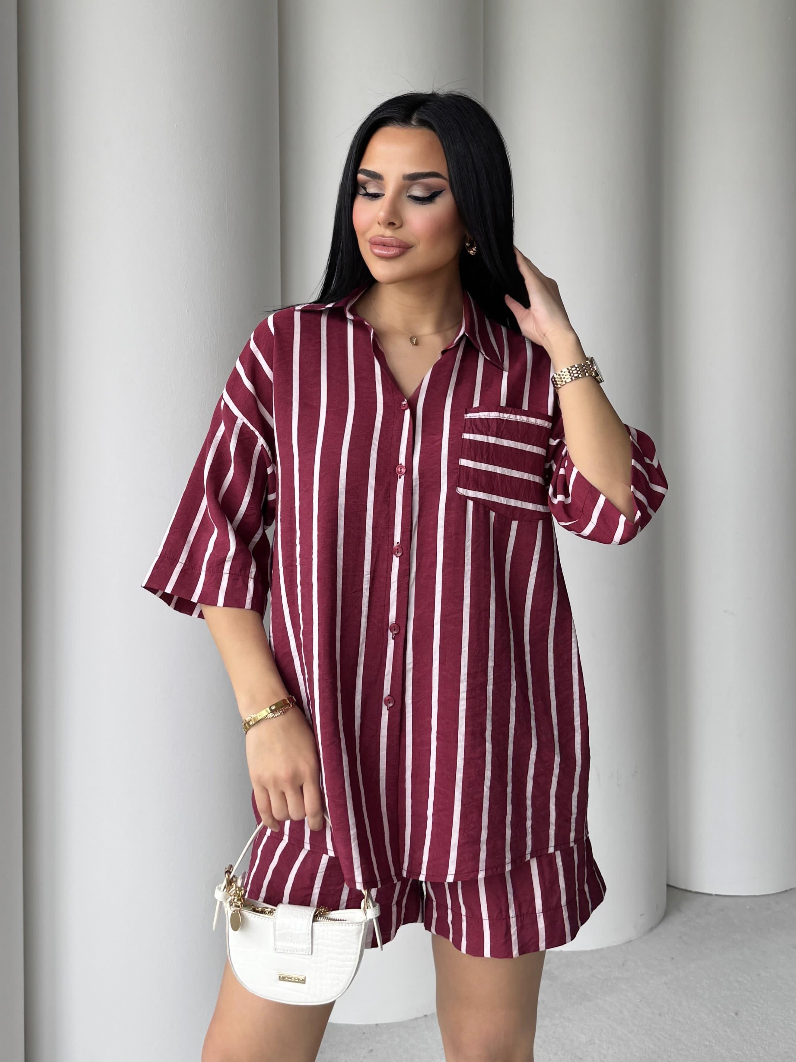 Della Çizgili Şortlu Takım Bordo