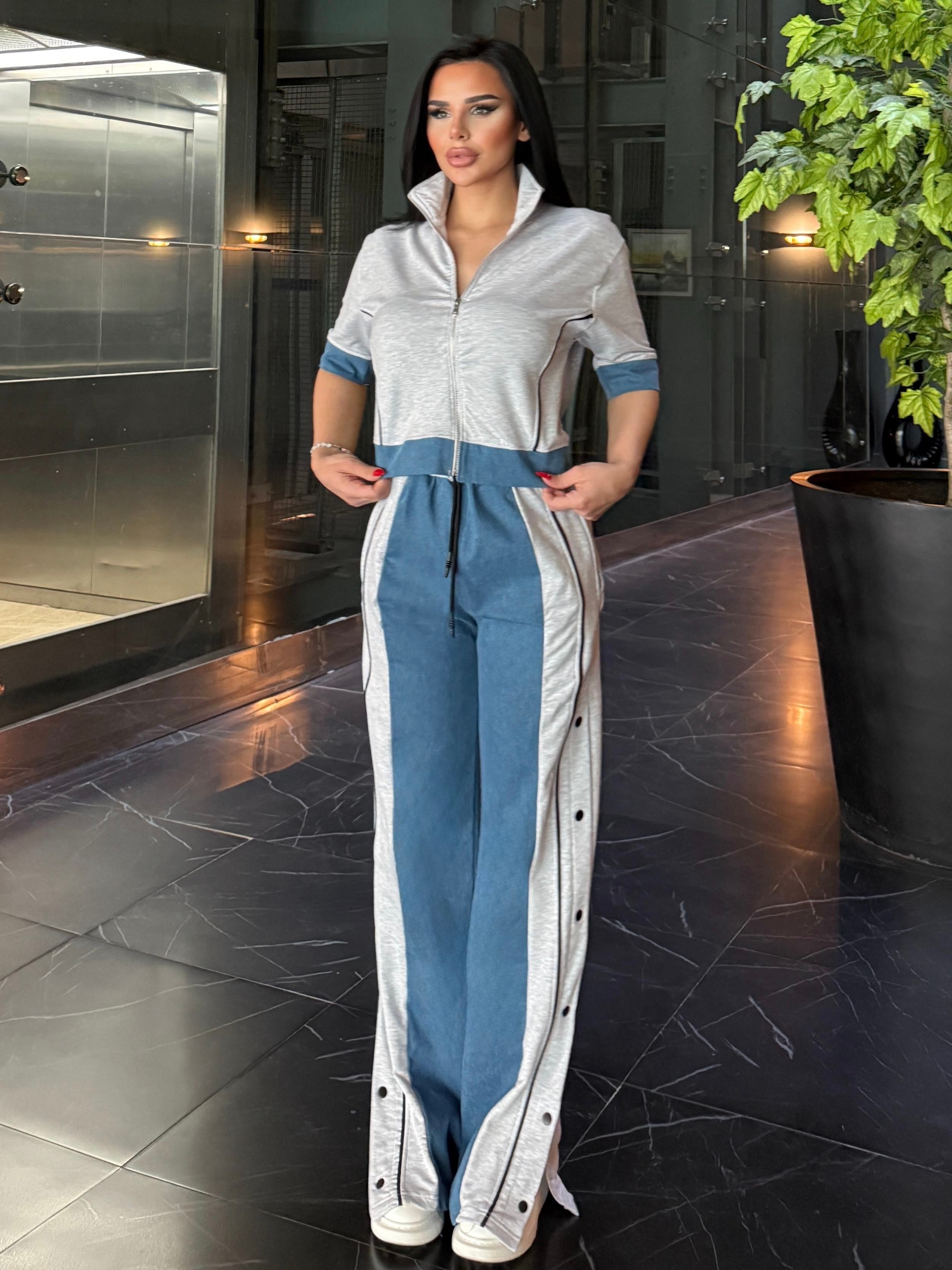 Denisa Denim Detaylı Spor Takım Gri