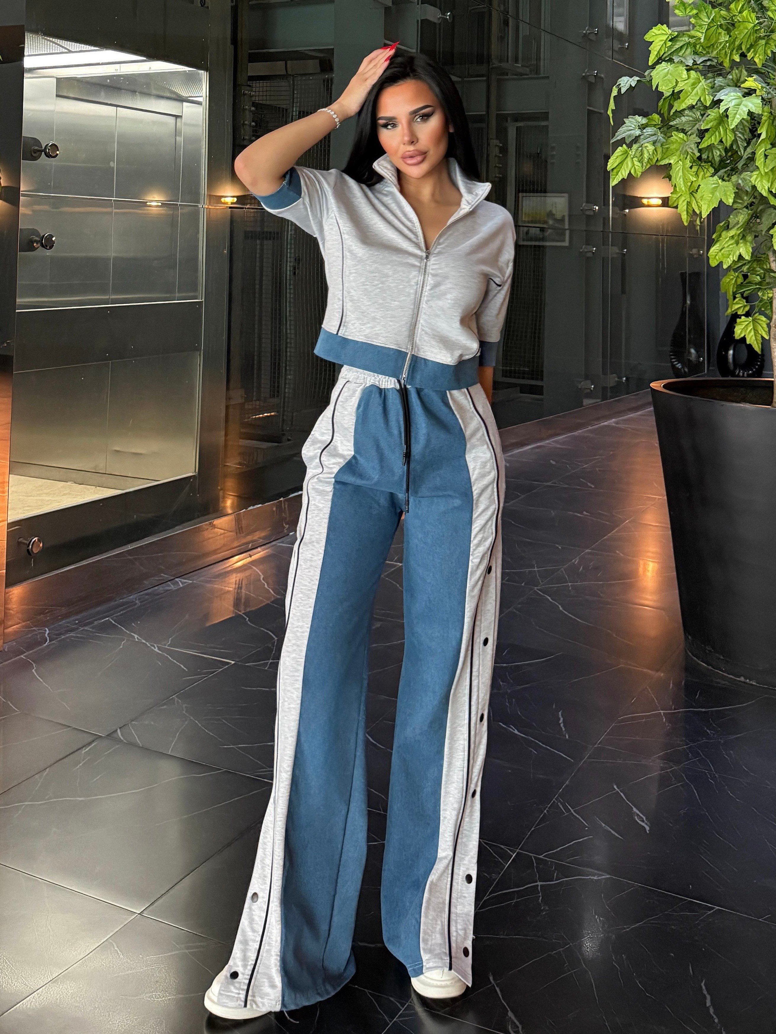 Denisa Denim Detaylı Spor Takım Gri
