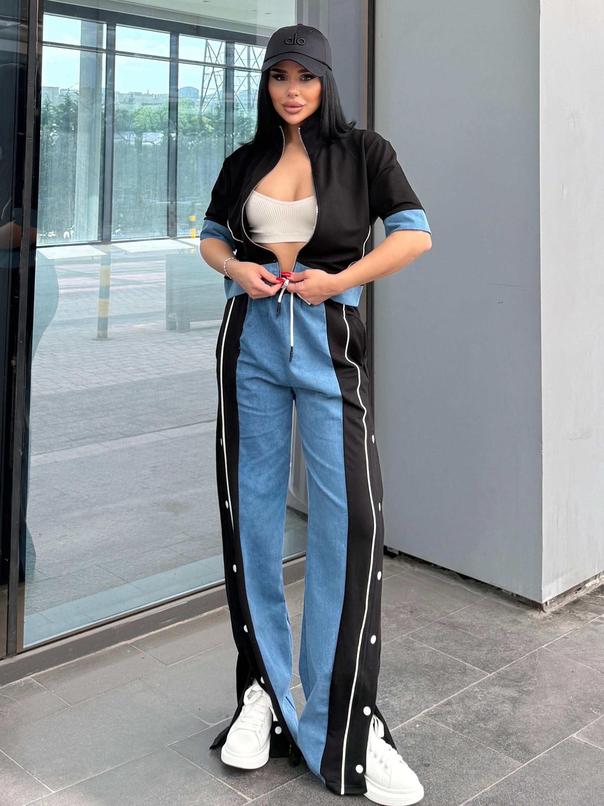 Denisa Denim Detaylı Spor Takım Siyah