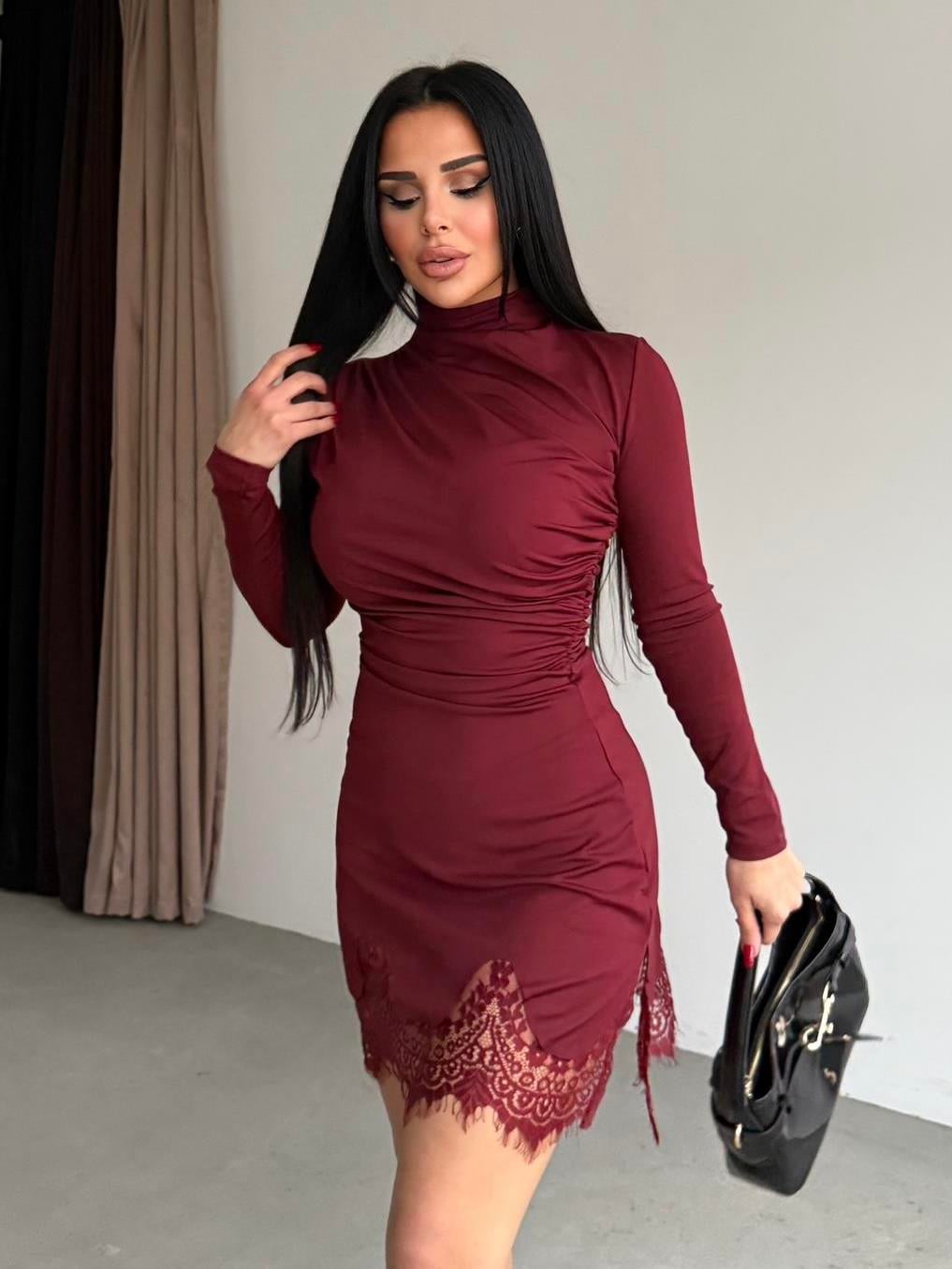 Elena Dantel Detaylı Elbise Bordo