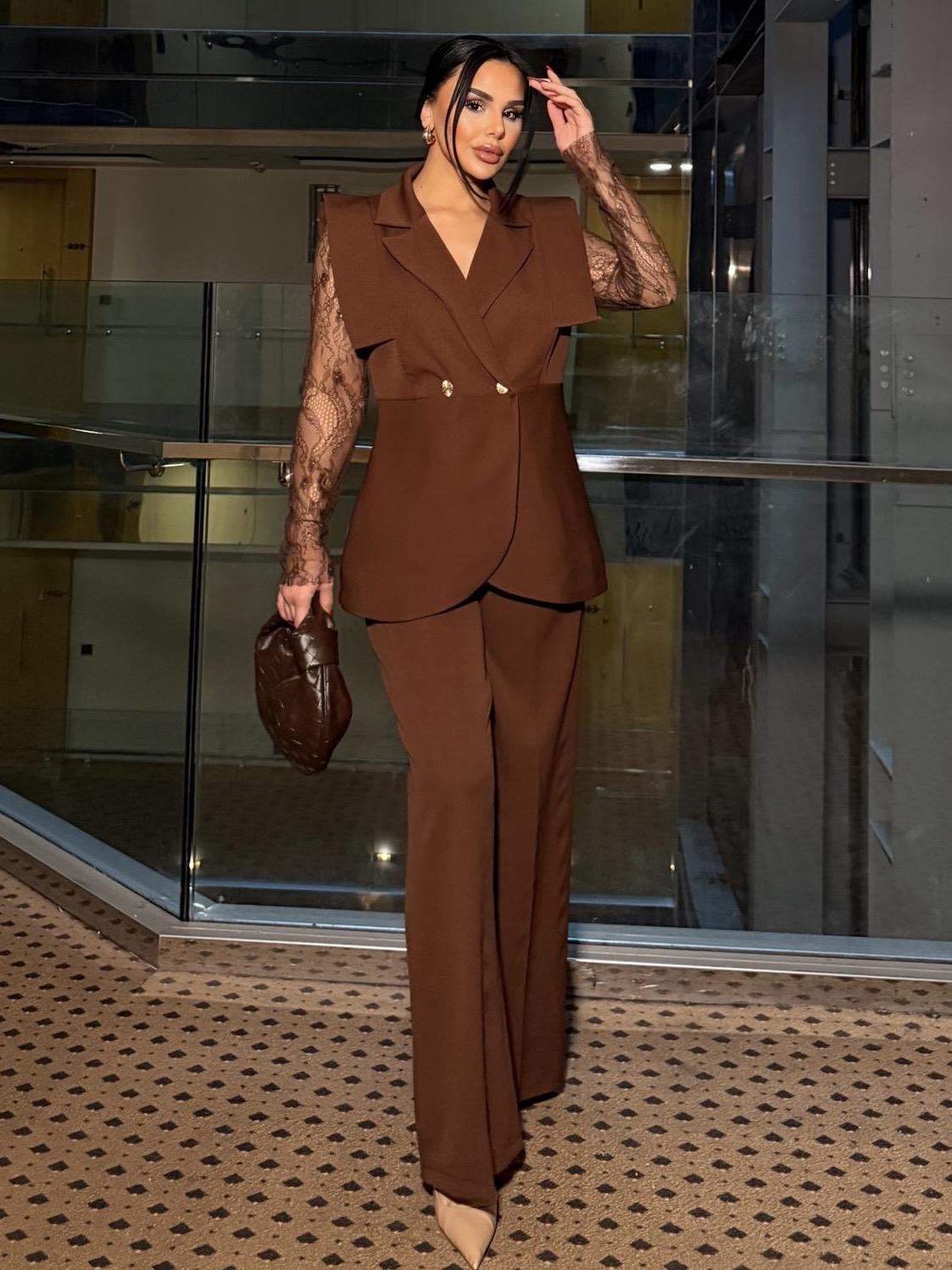 Elvina Dantel Detaylı Takım Kahve