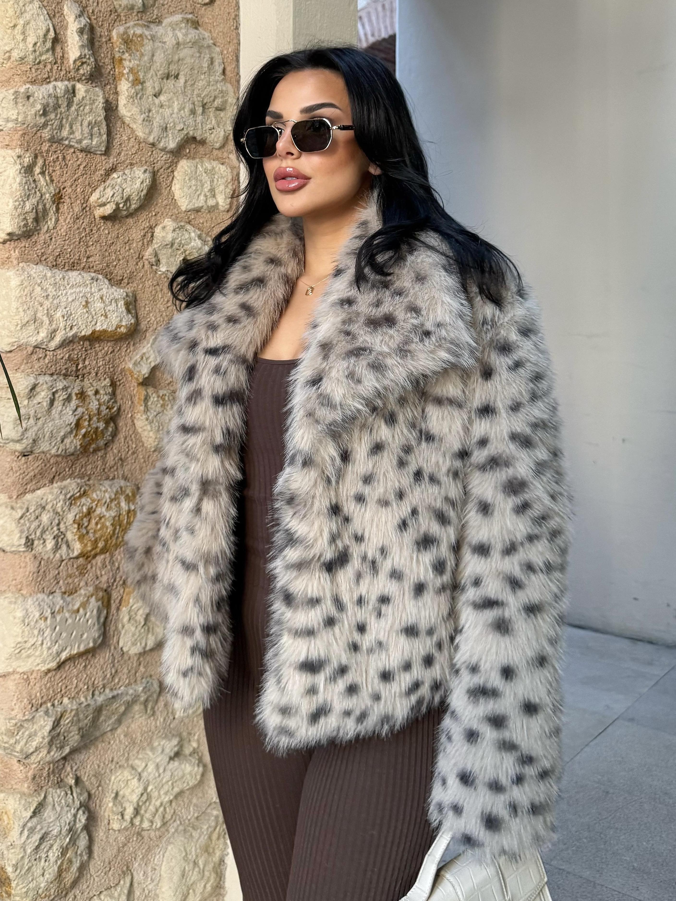 Eyfel Şal Yaka Kürk Kaban Leopar gri