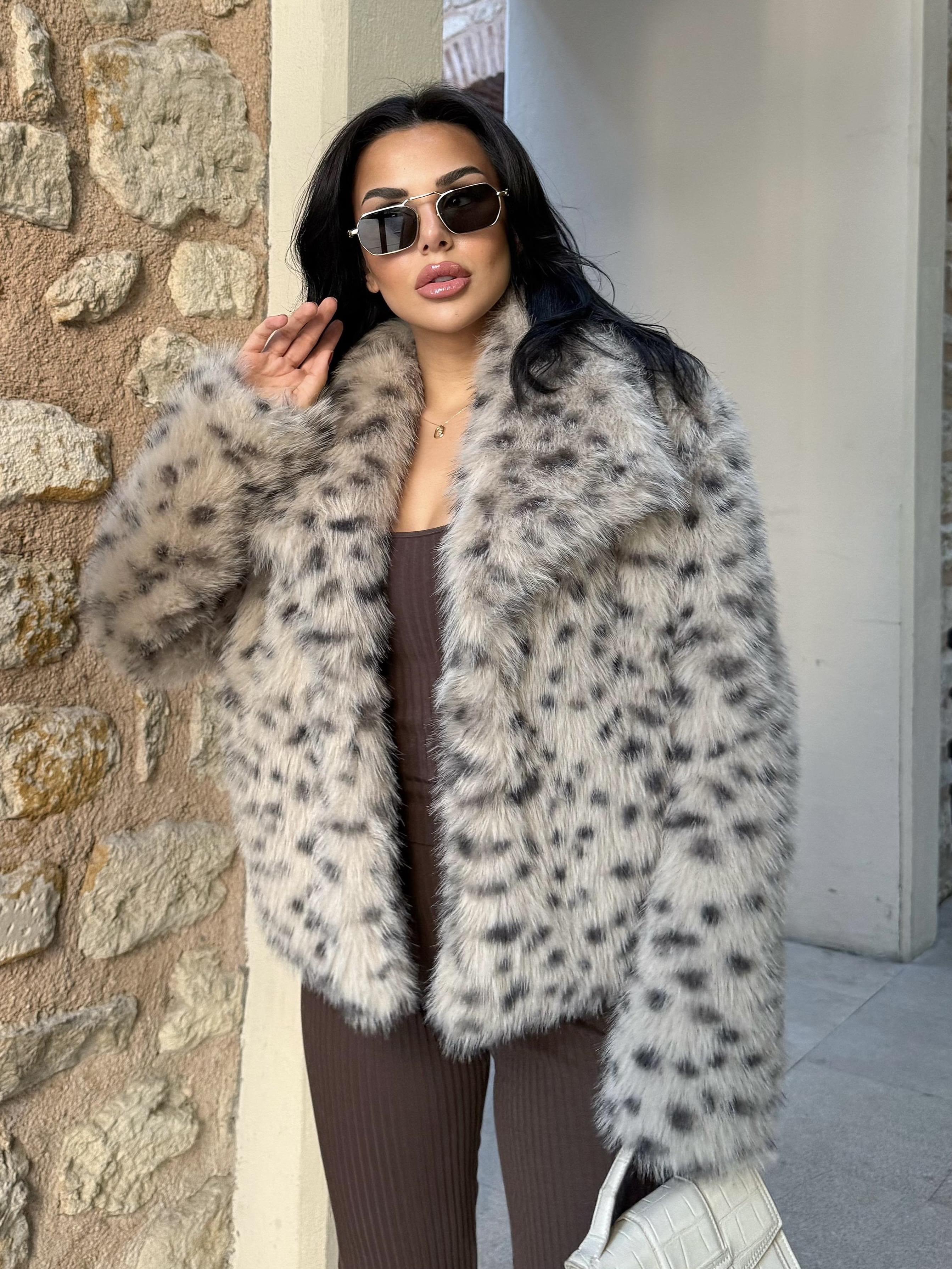 Eyfel Şal Yaka Kürk Kaban Leopar gri