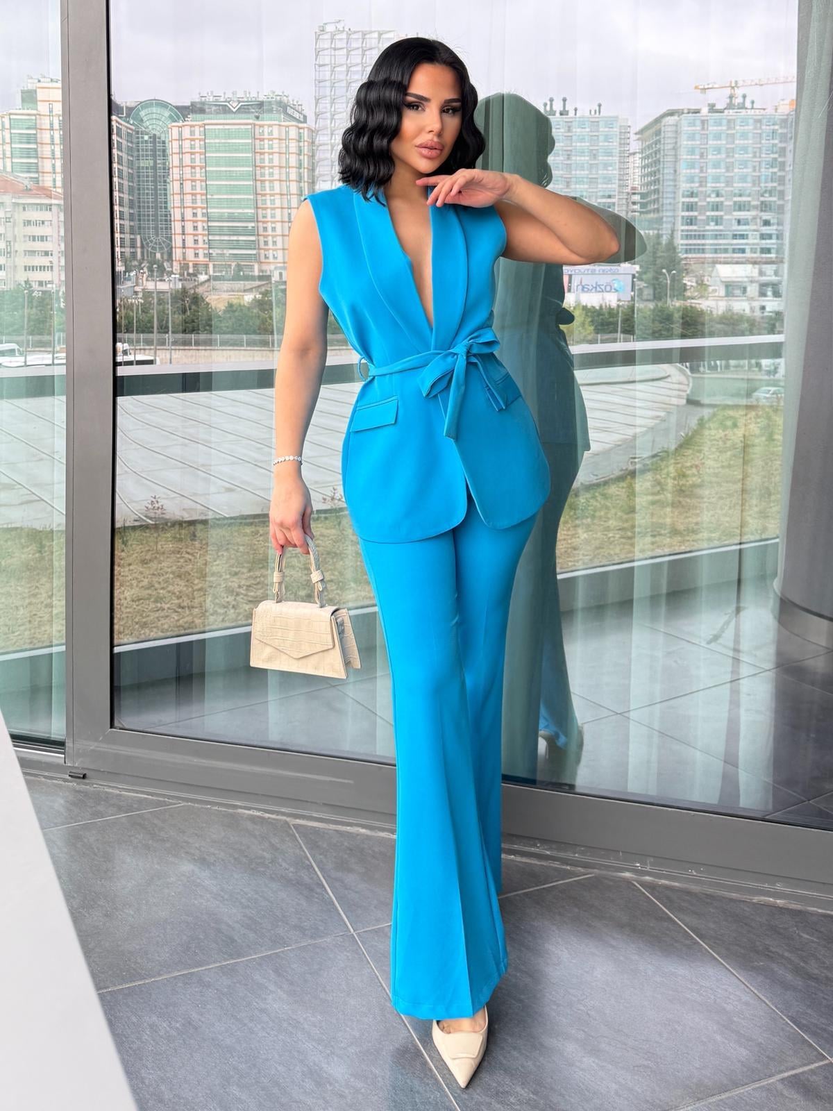 Feels Yelekli İspanyol Paça Pantolon Takım Mavi