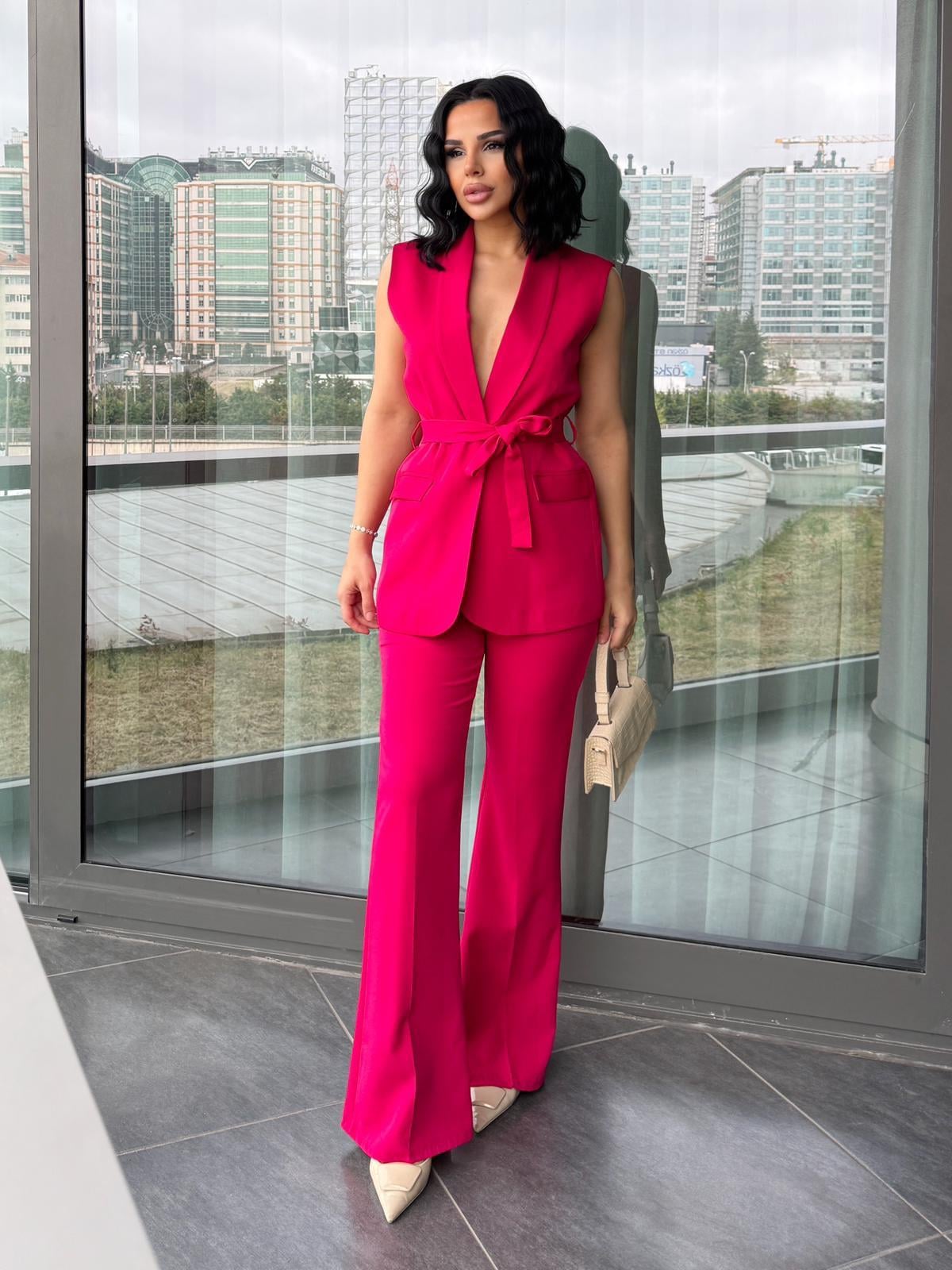 Feels Yelekli İspanyol Paça Pantolon Takım Fuşya