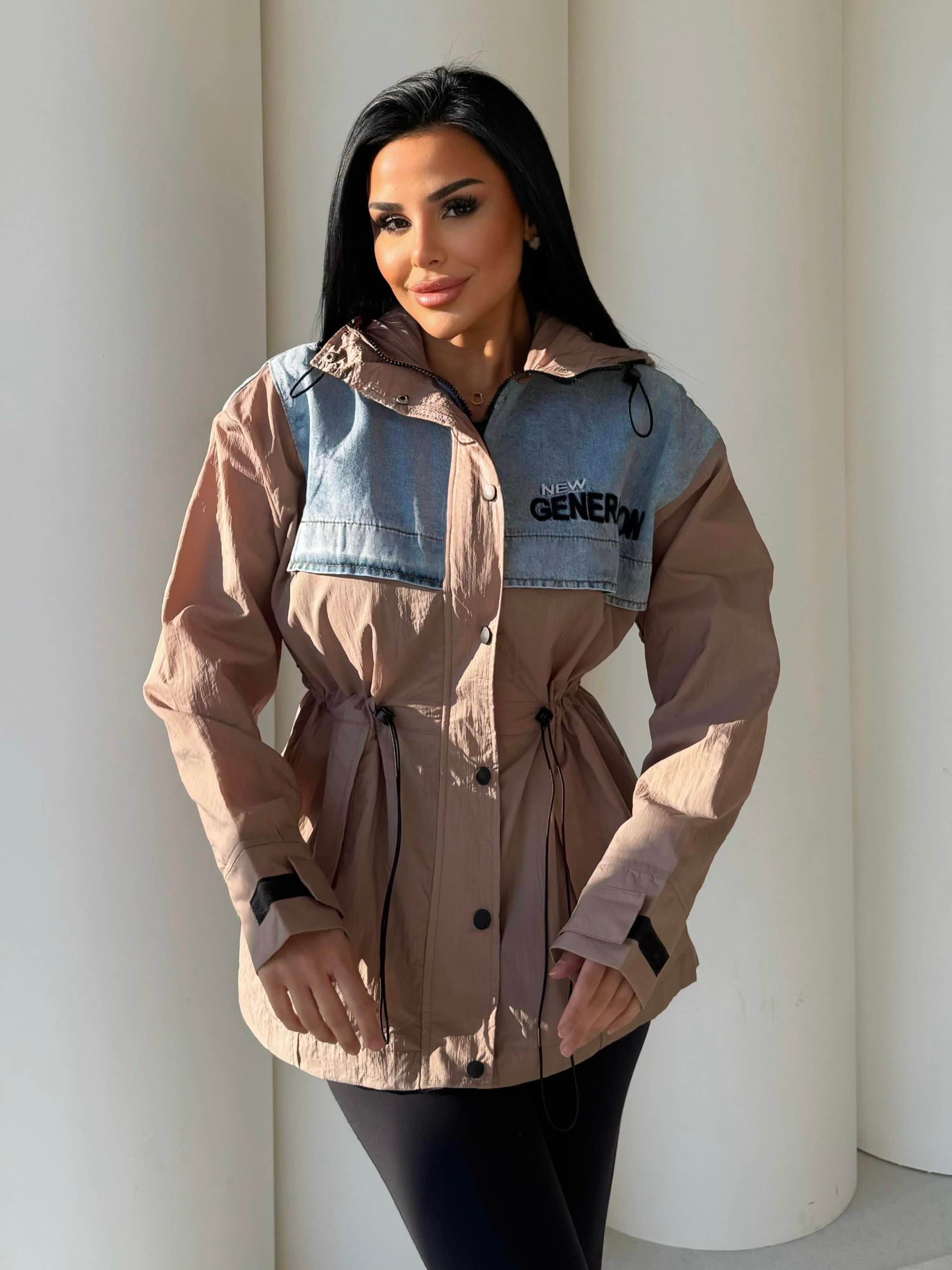Genary Denim Detaylı Paraşüt Yağmurluk Bej