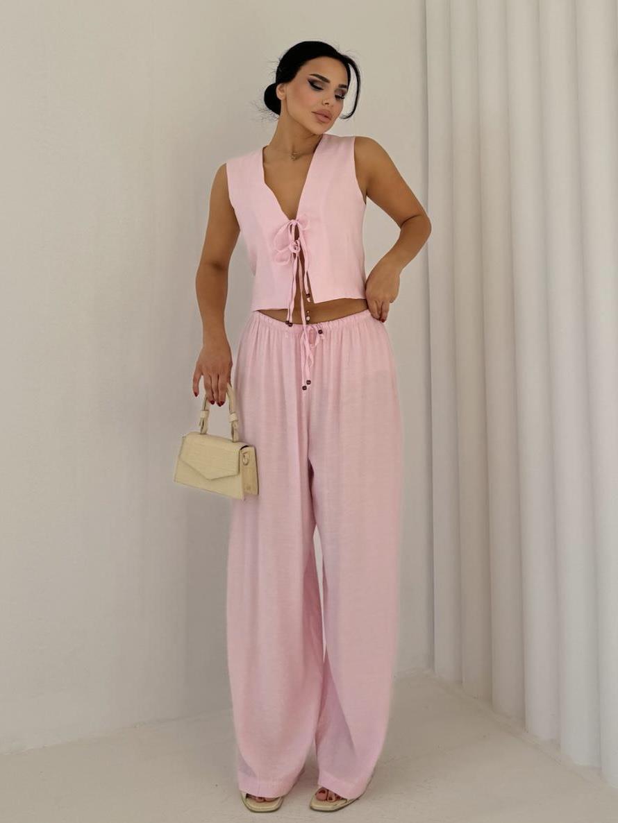 Ginza Yelekli Keten Takım Pembe