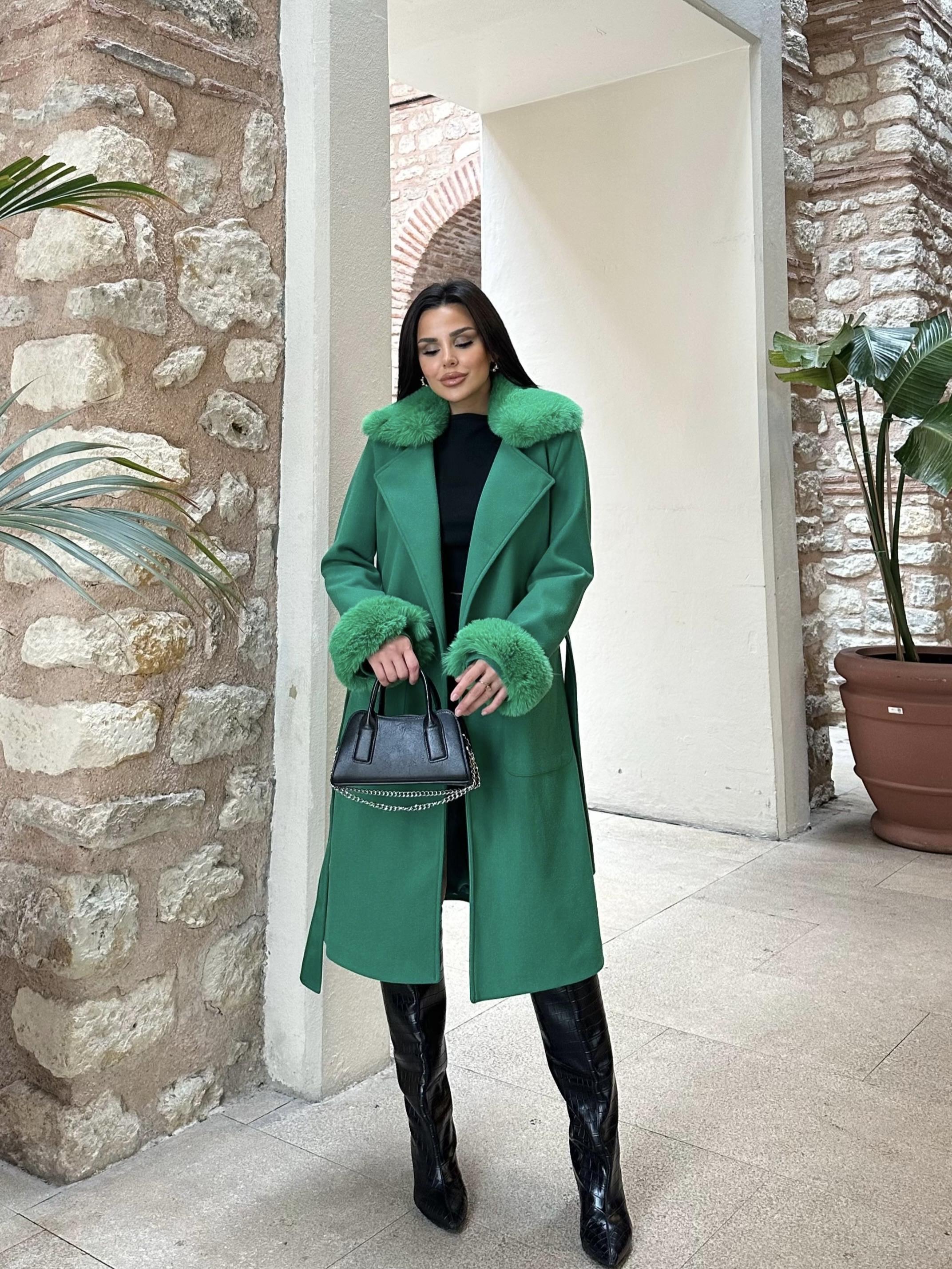 Grace Kürk Detaylı Kaşe Kaban Yeşil