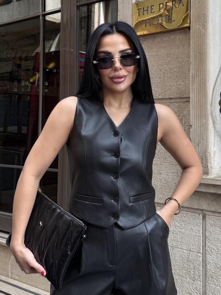 Hatic Deri Yelek Siyah