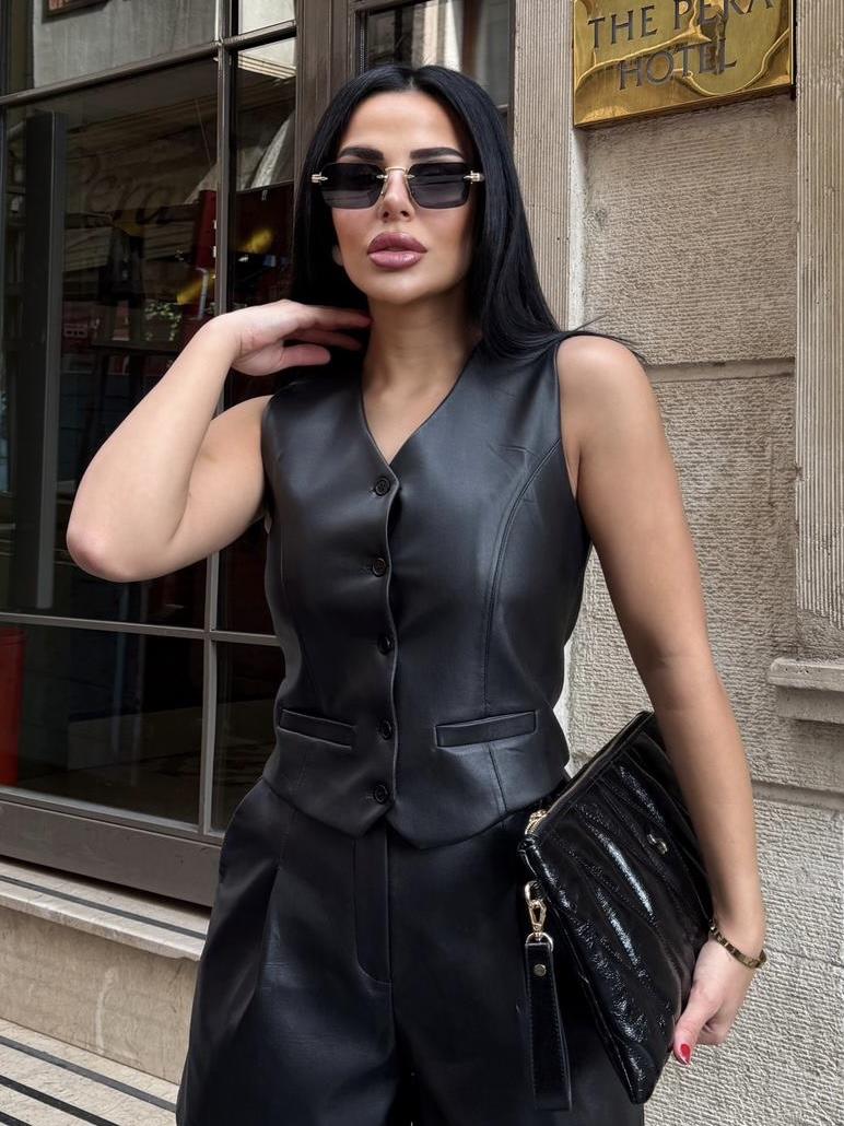 Hatic Deri Yelek Siyah