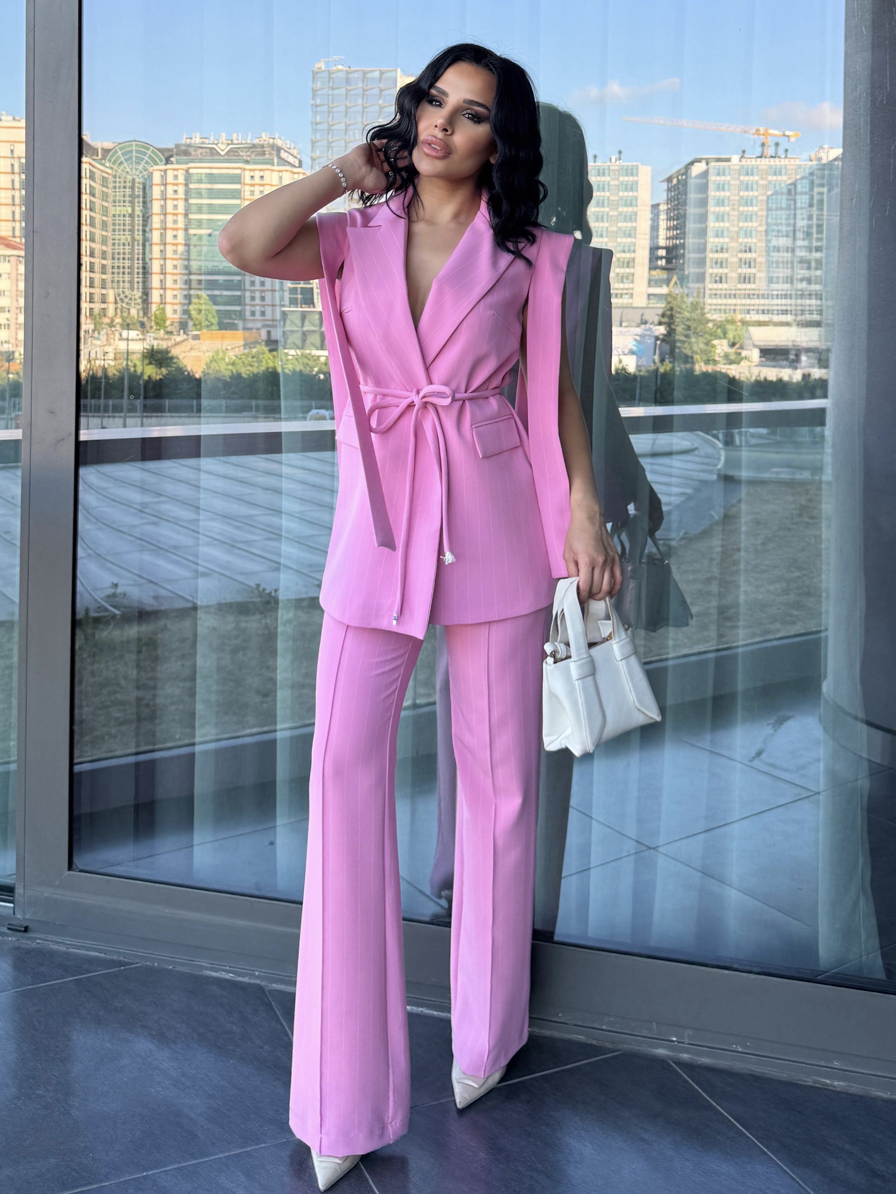 Hellie Tasarım Yelekli Takım Pembe Çizgili
