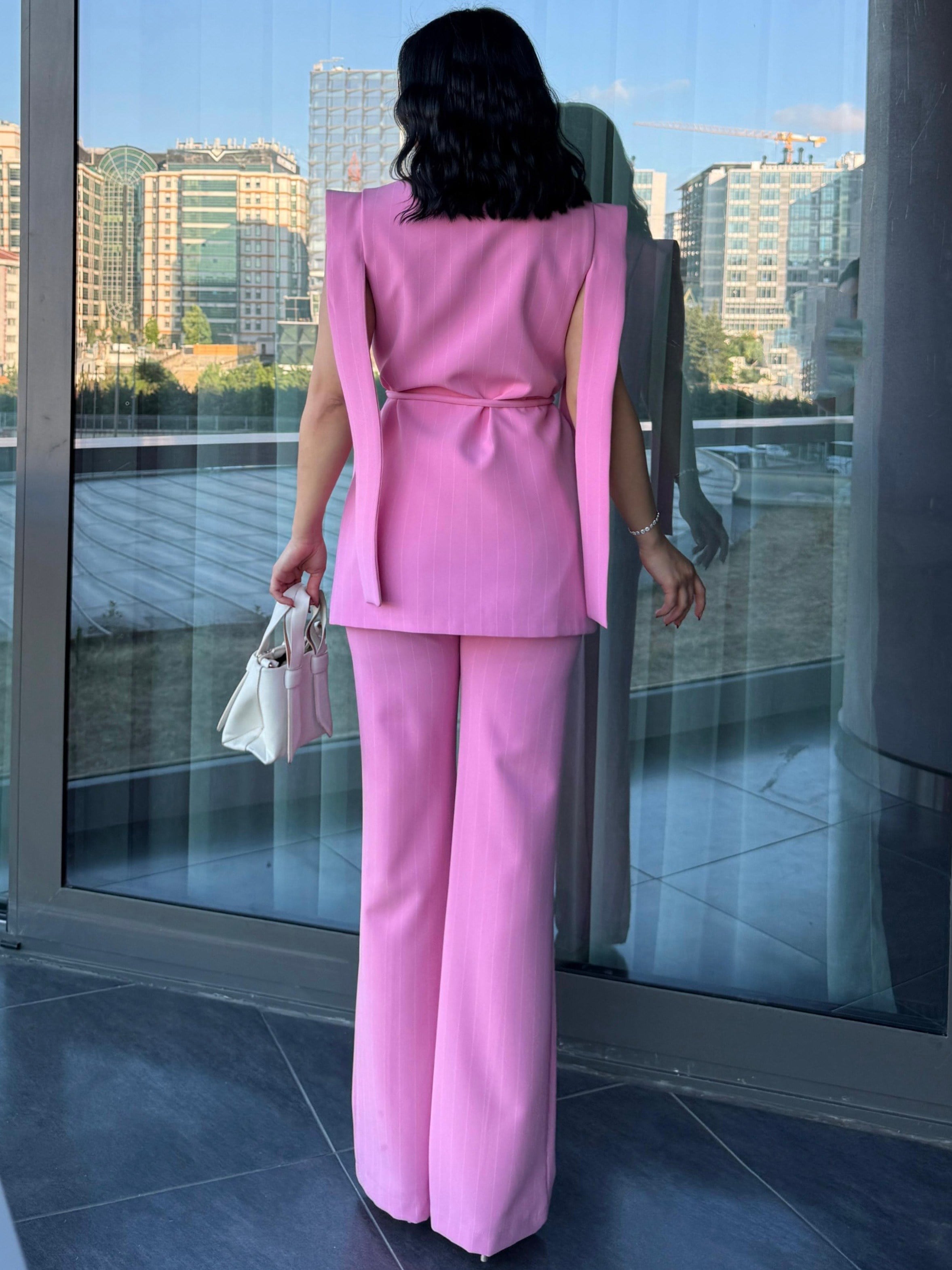 Hellie Tasarım Yelekli Takım Pembe Çizgili