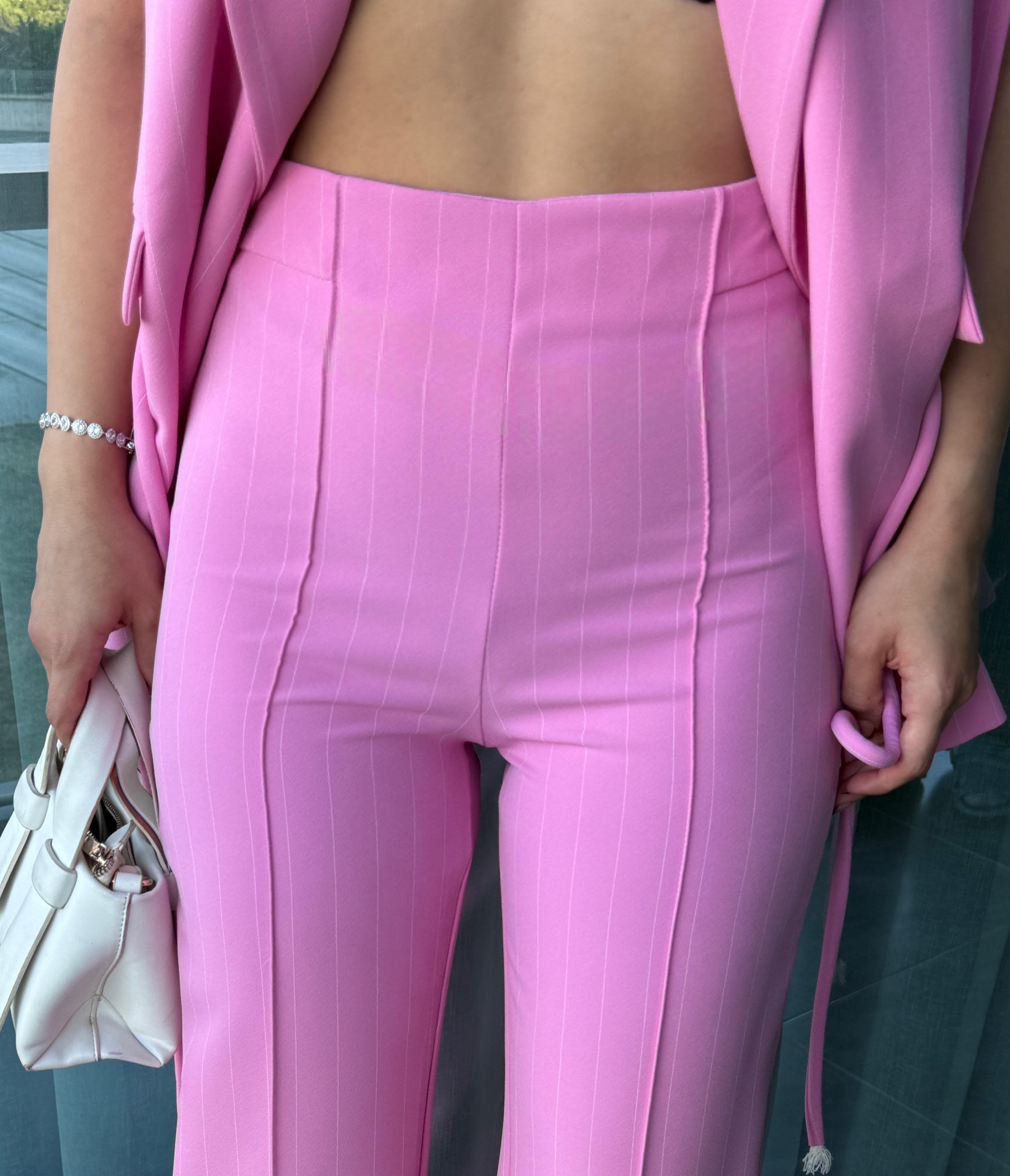 Hellie Tasarım Yelekli Takım Pembe Çizgili
