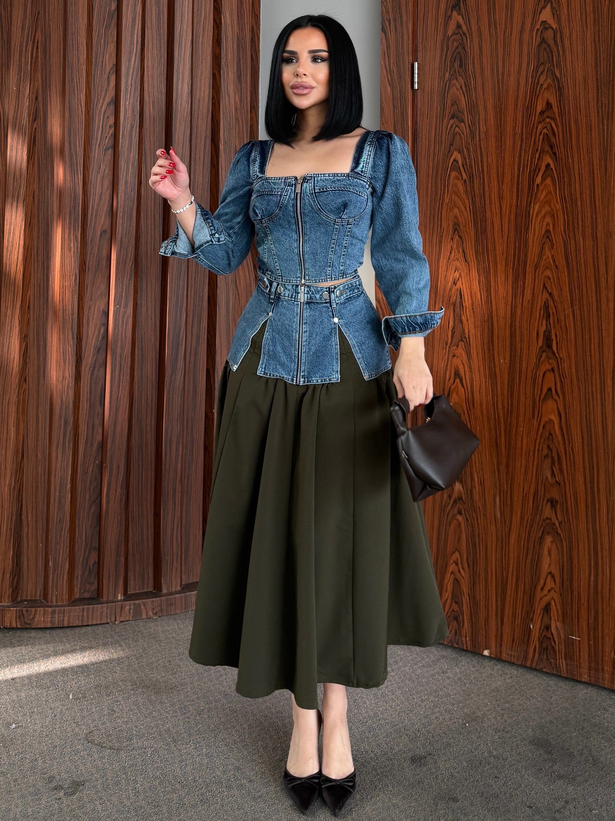 Huqqa Tasarım Denim Etekli Takım Mavi