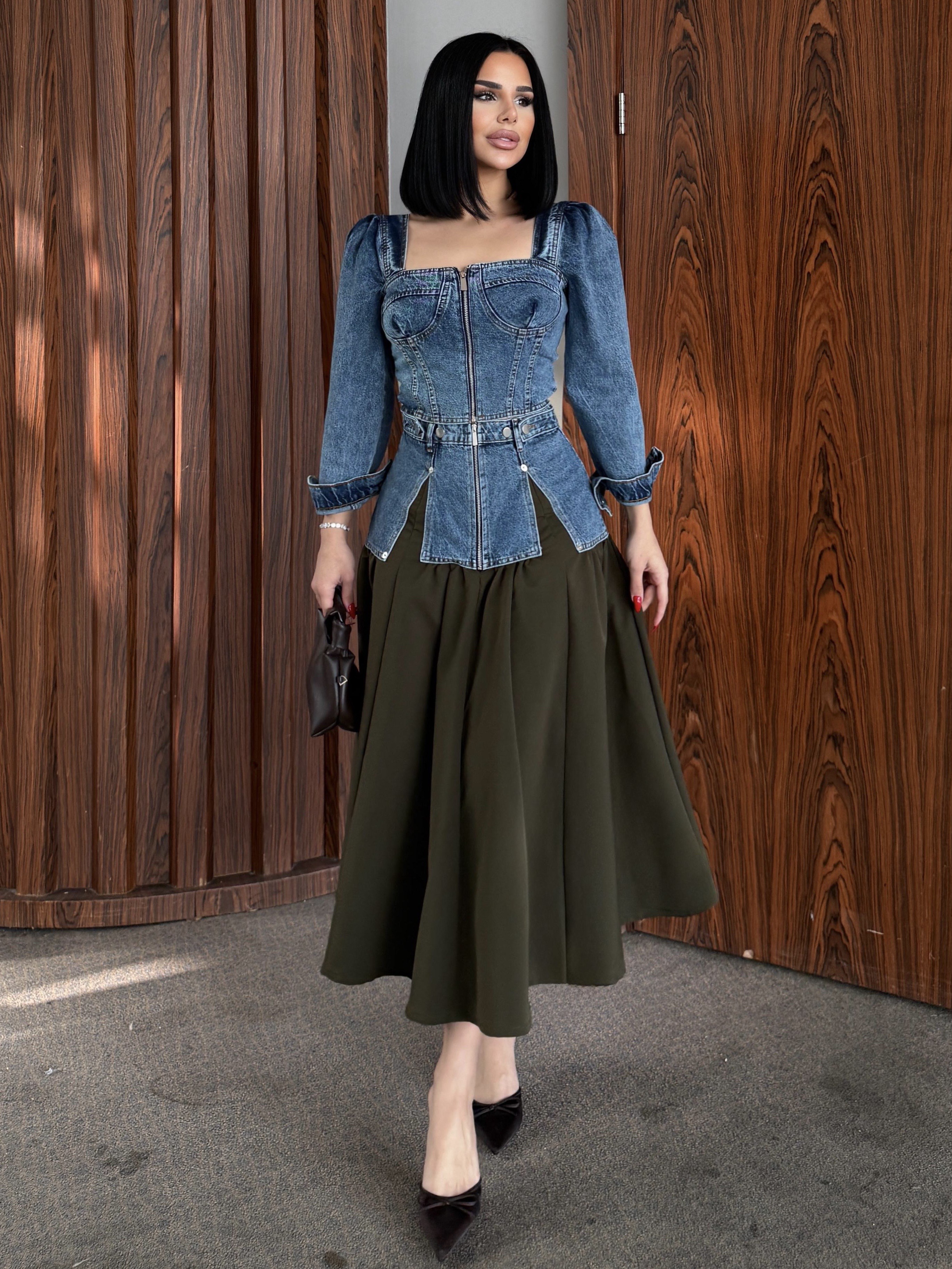 Huqqa Tasarım Denim Etekli Takım Mavi