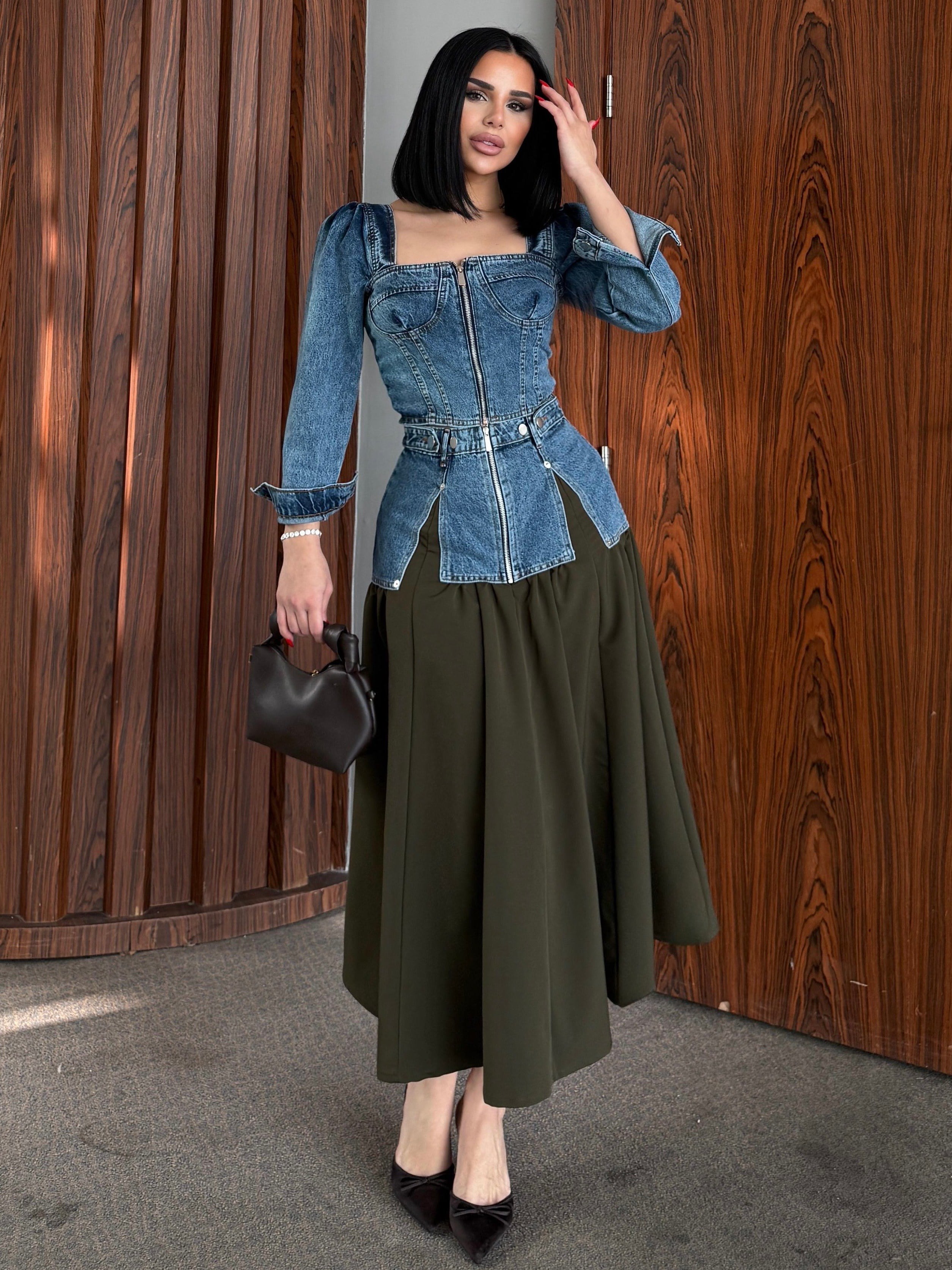 Huqqa Tasarım Denim Etekli Takım Mavi