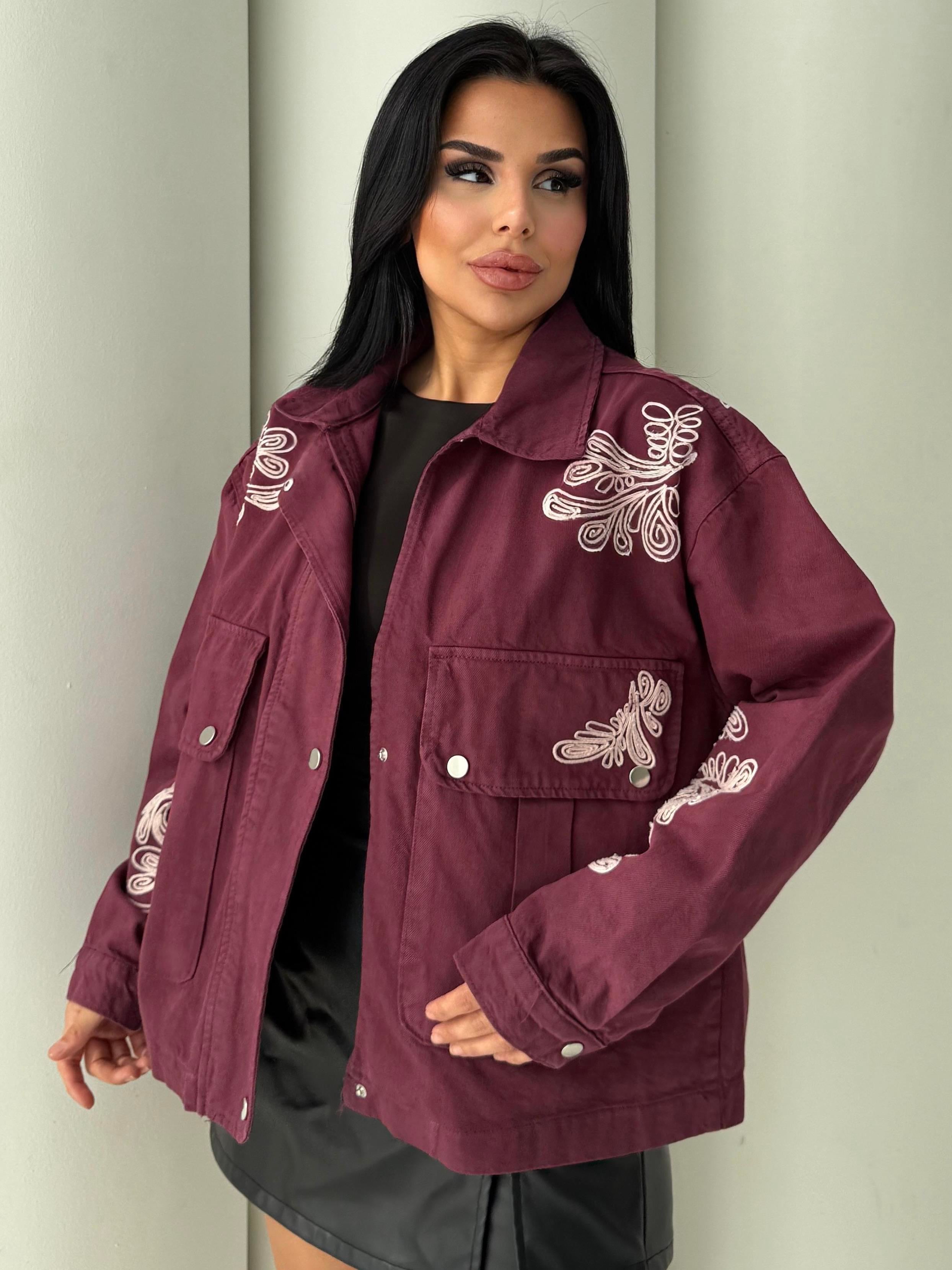 Jolya İşleme Detaylı Kot Ceket Bordo