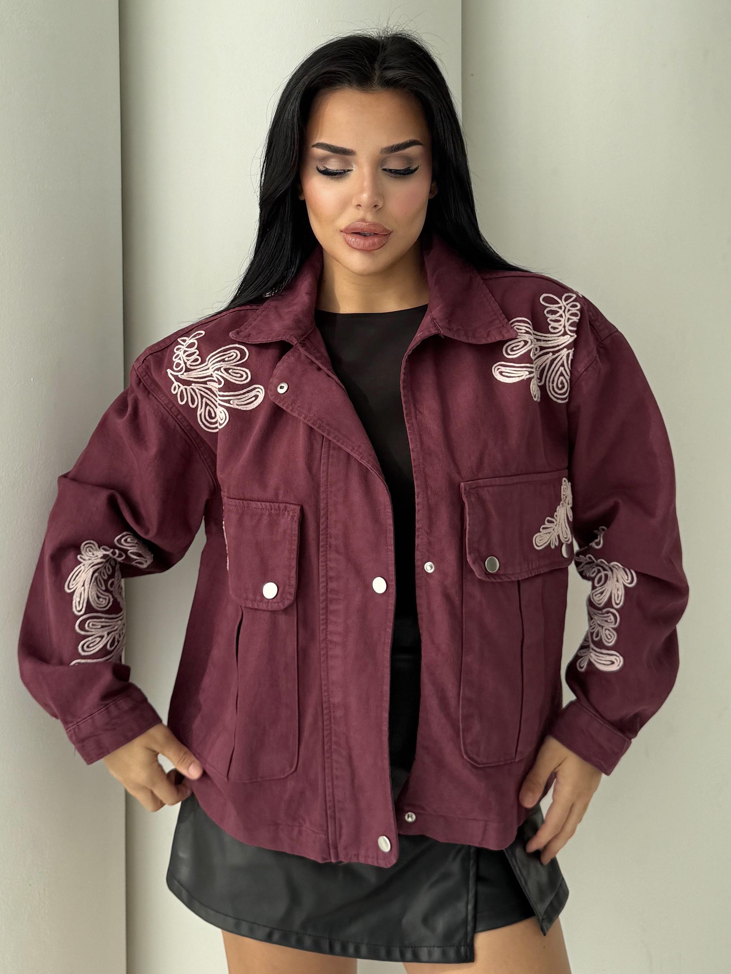 Jolya İşleme Detaylı Kot Ceket Bordo