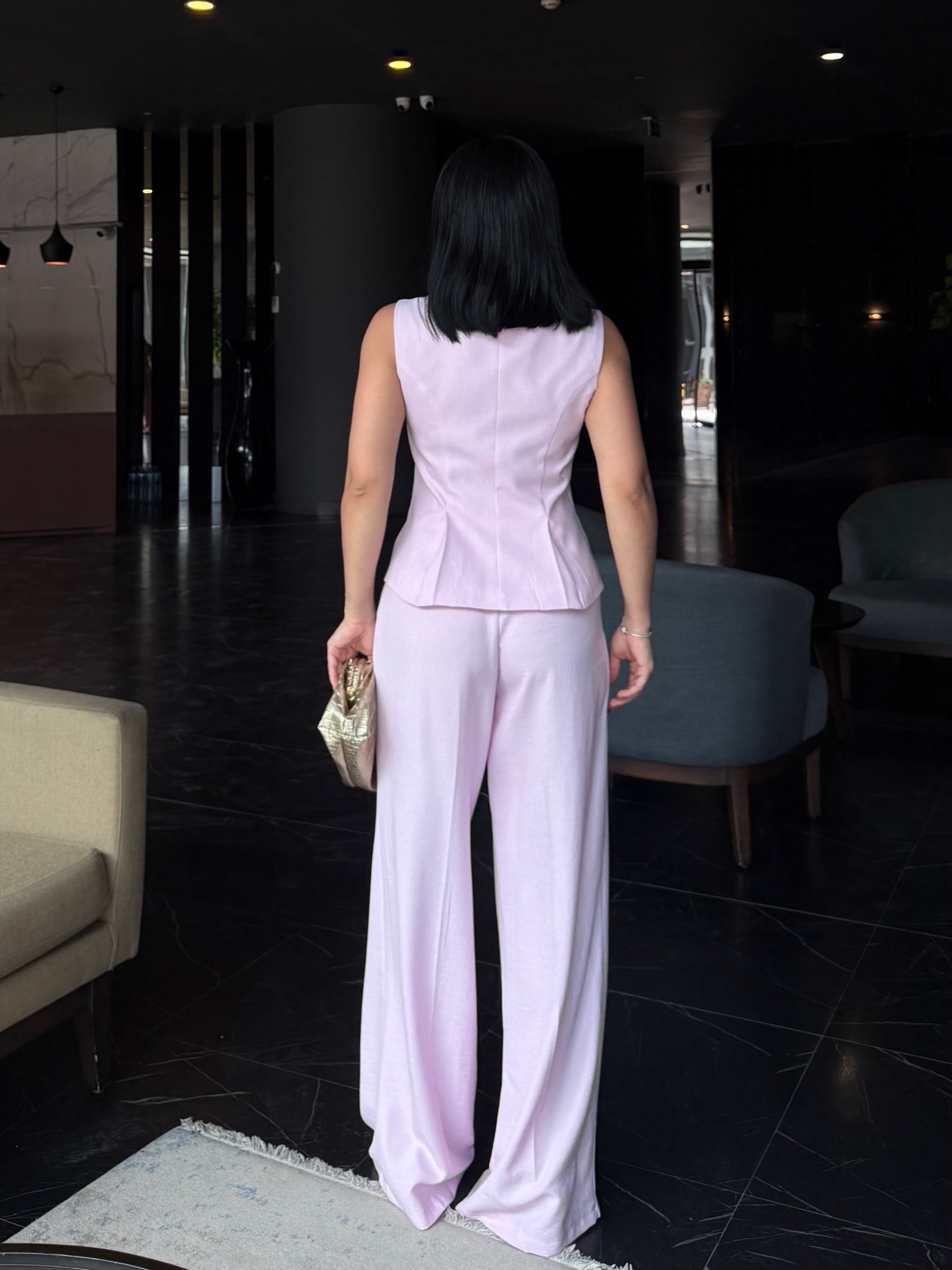 Kadira Gold Düğme Detaylı Takım Pembe