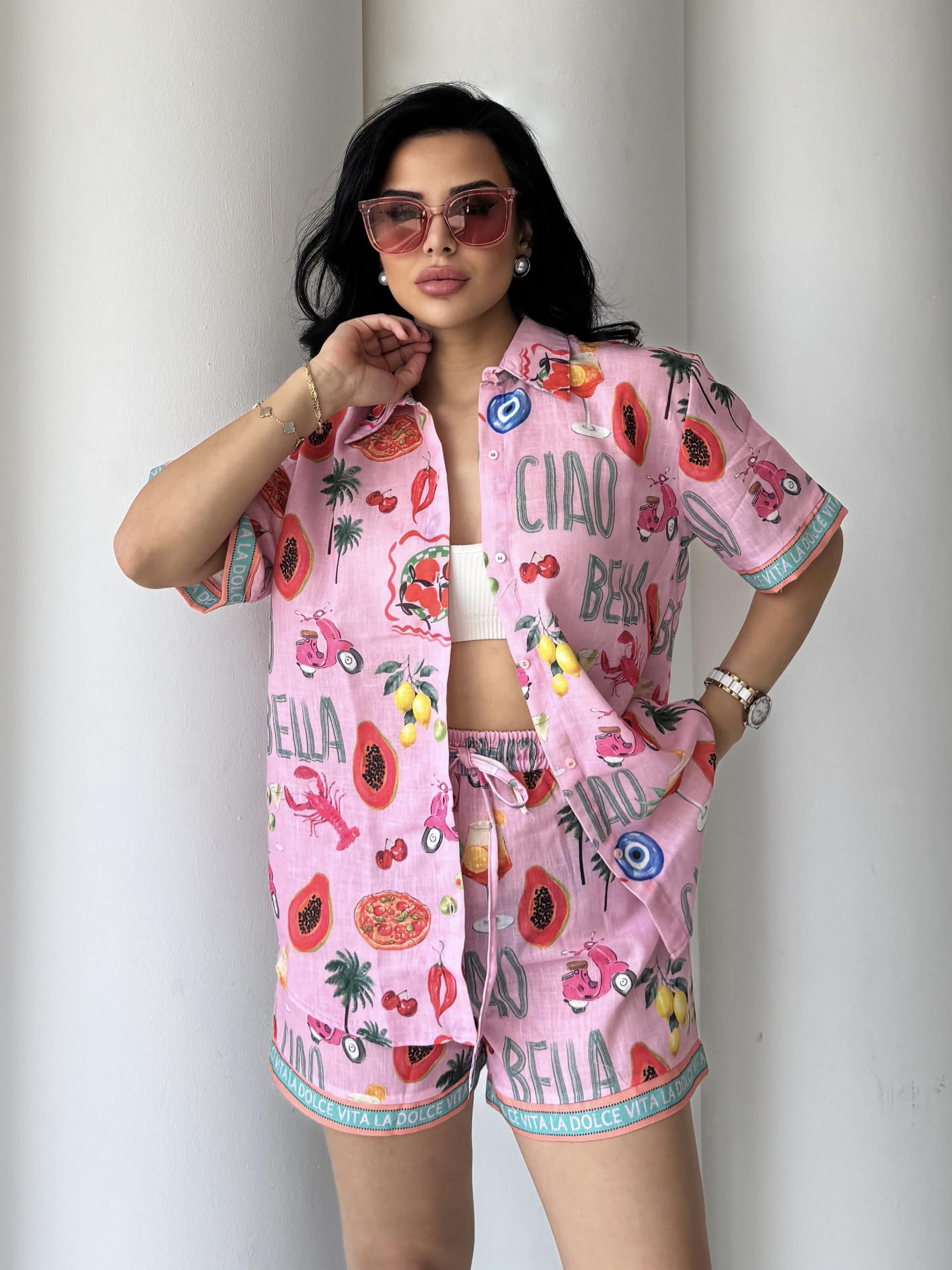 Kai Şortlu Keten Takım Pembe