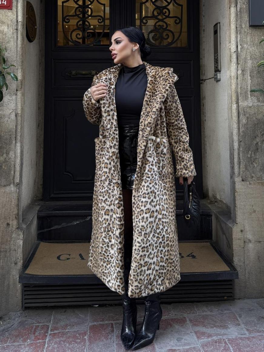 Lidya Kapşonlu Peluş Kürk Leopar Desen
