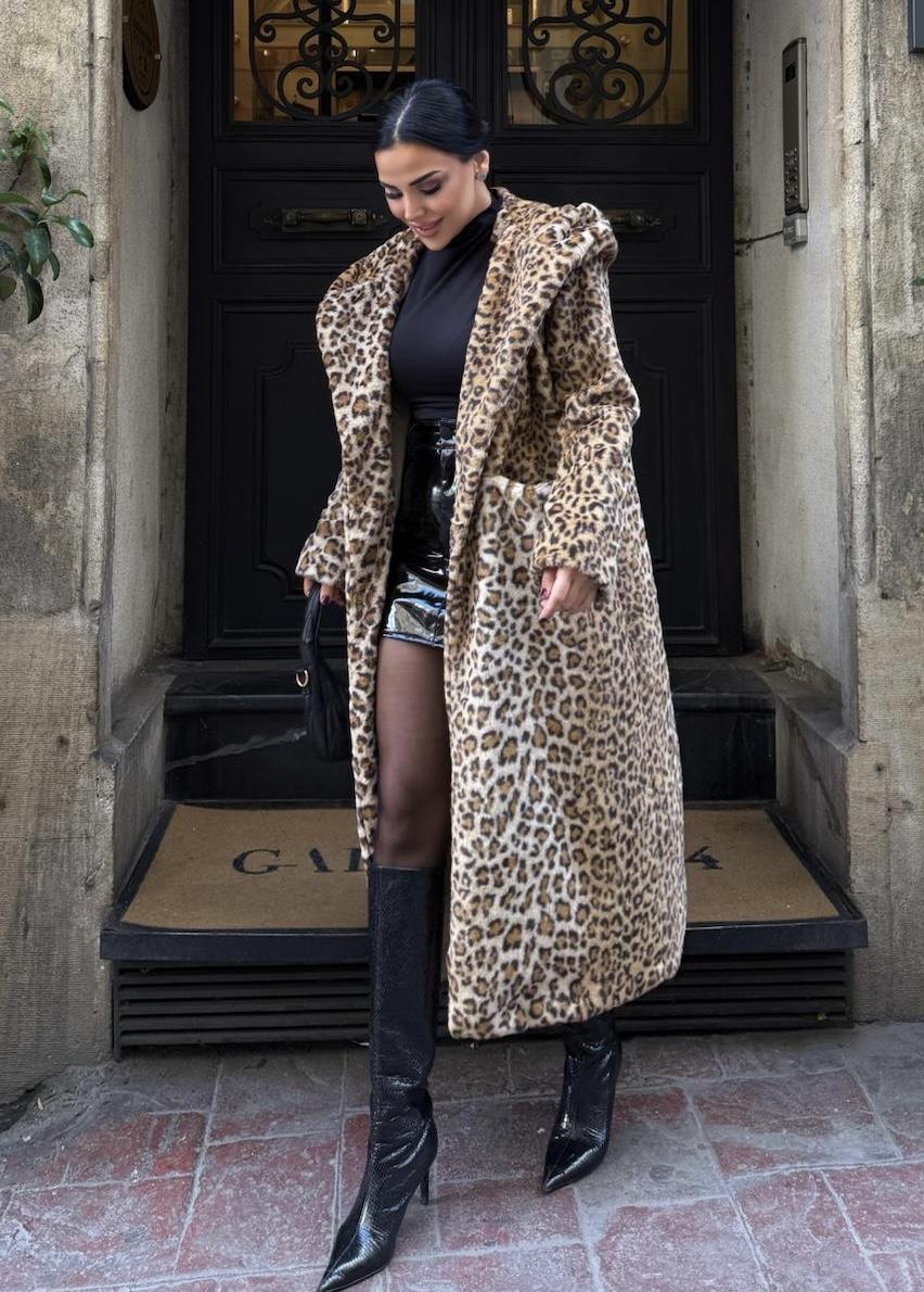 Lidya Kapşonlu Peluş Kürk Leopar Desen