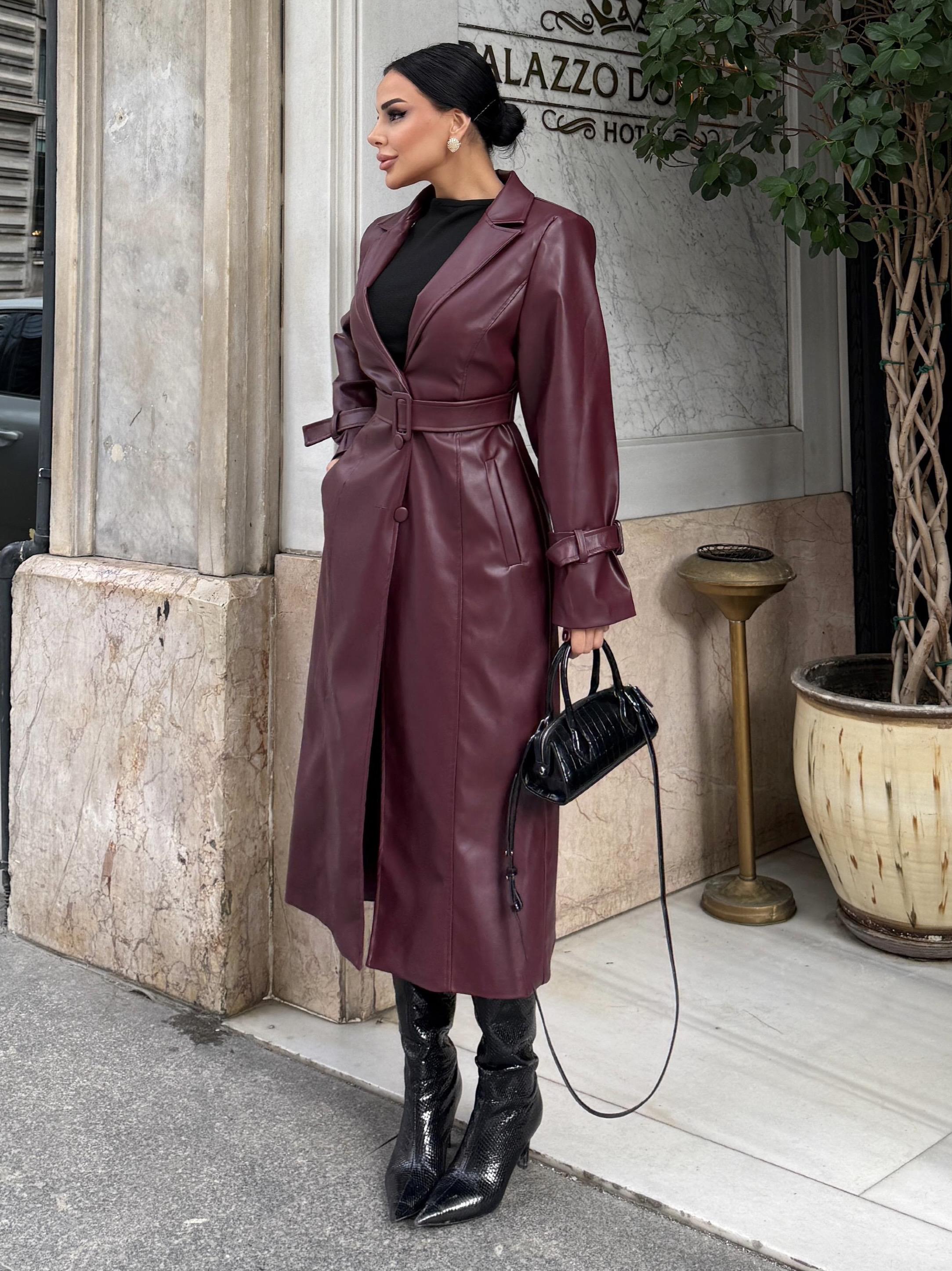 Loyra Kürk Detaylı Deri Kaban Bordo