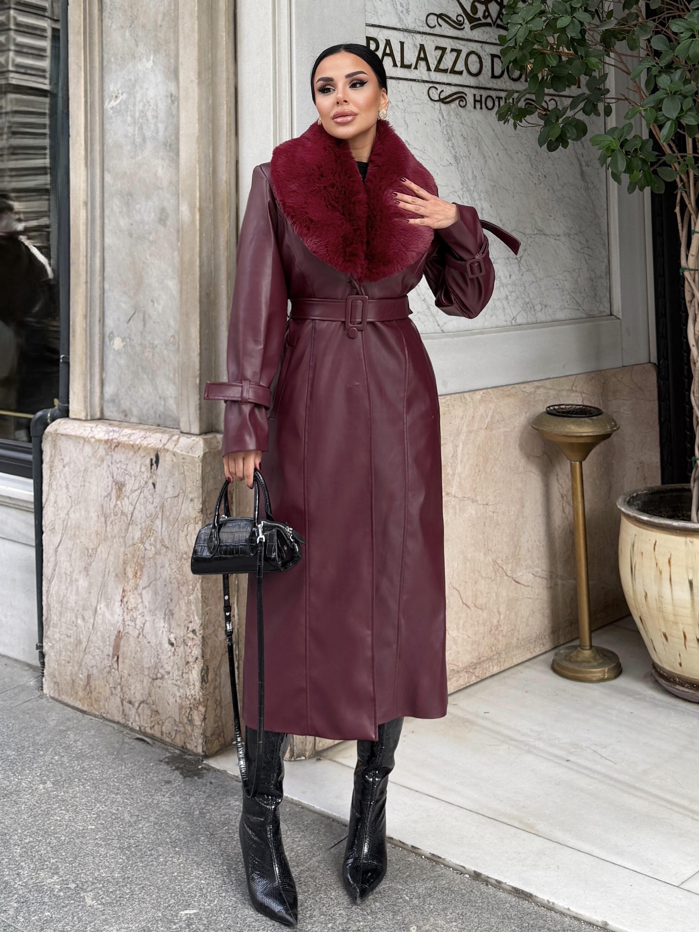 Loyra Kürk Detaylı Deri Kaban Bordo