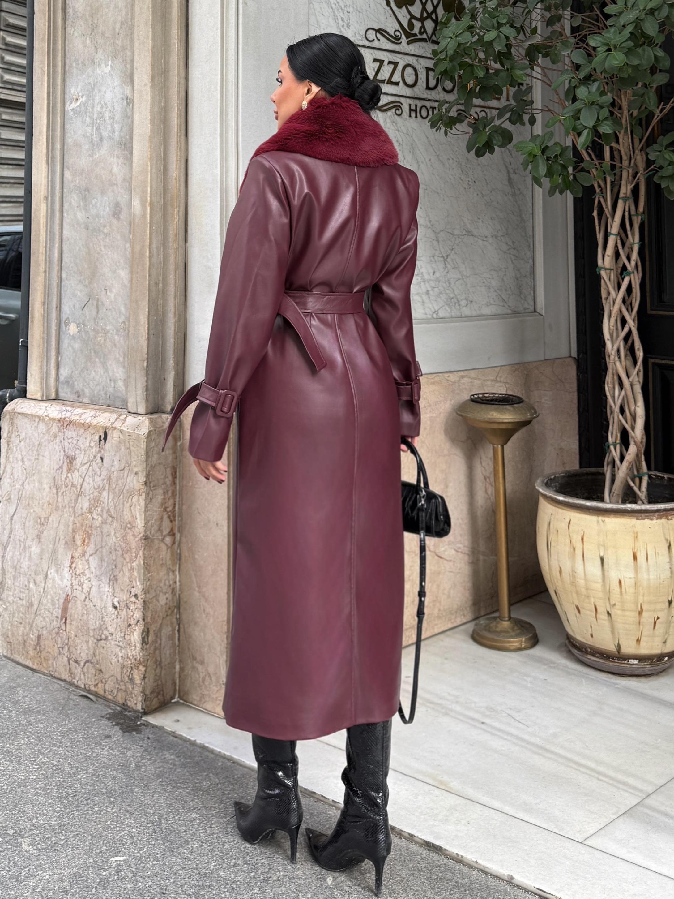 Loyra Kürk Detaylı Deri Kaban Bordo