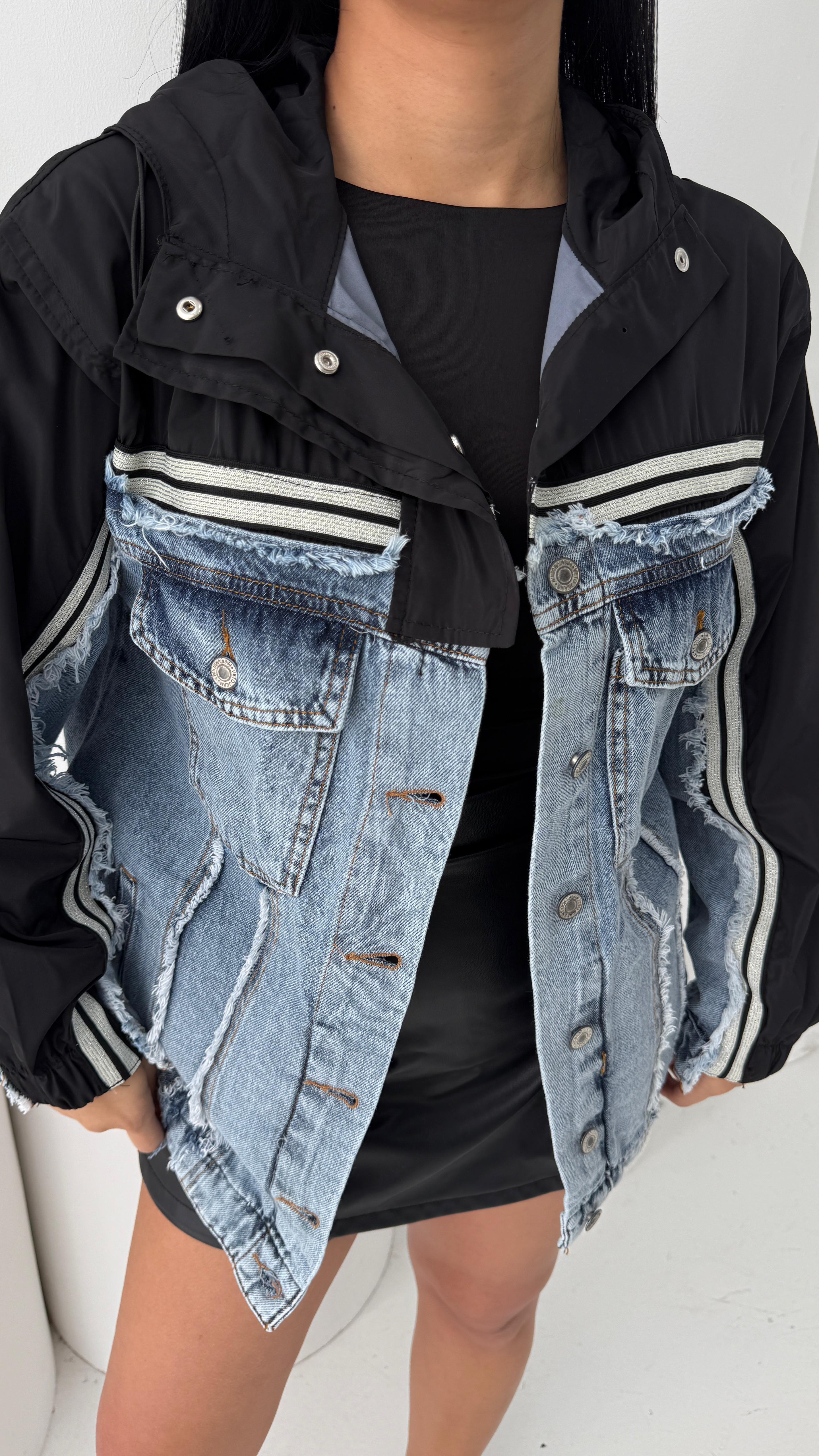 Malt Paraşüt Detaylı Denim Ceket Siyah