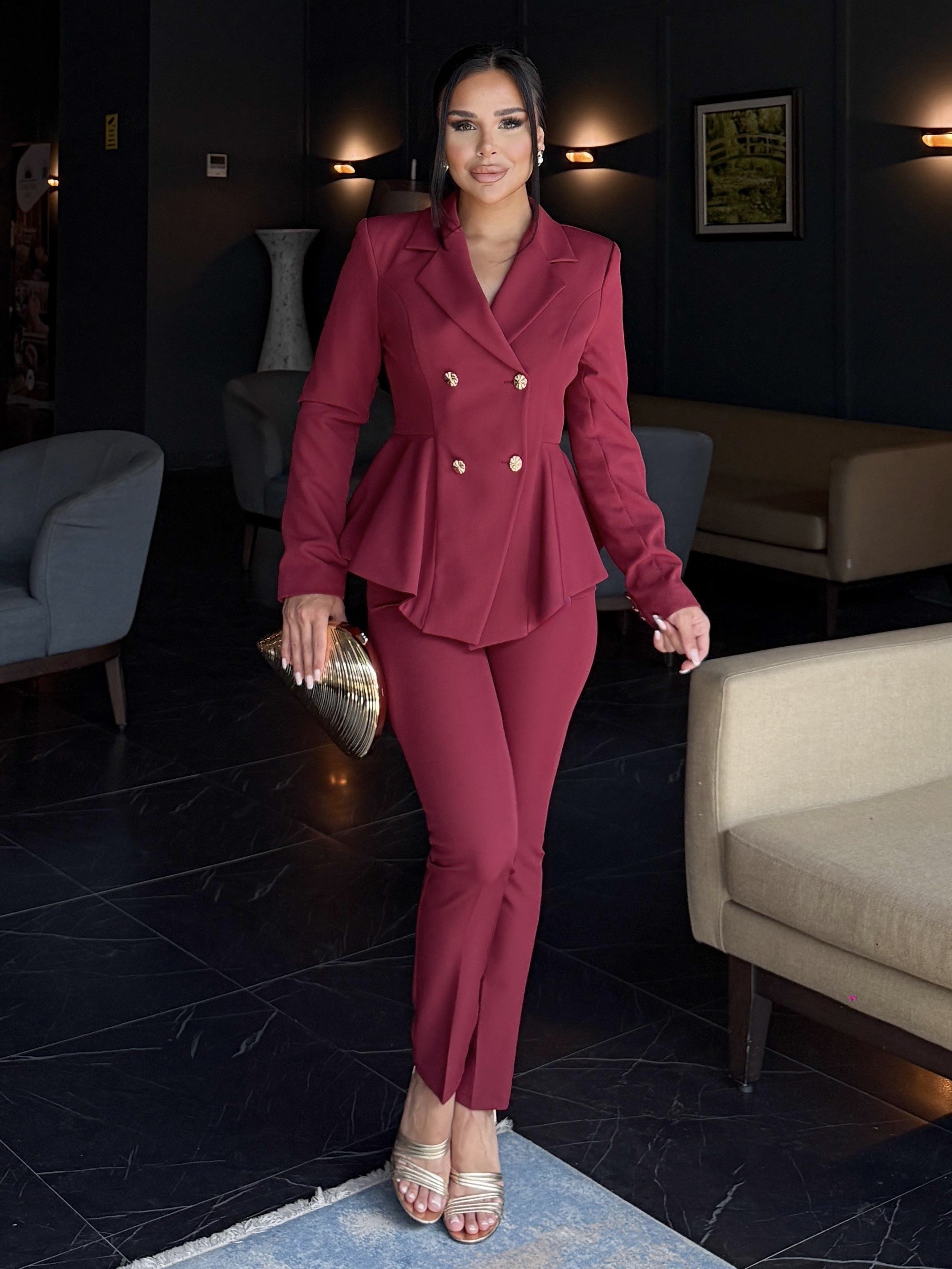 Melina Gold Düğme Detaylı Takım Bordo 