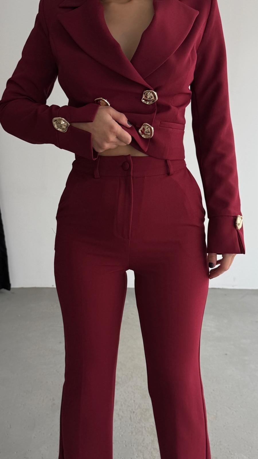 Mihra Gold Düğme Detaylı Takım Bordo