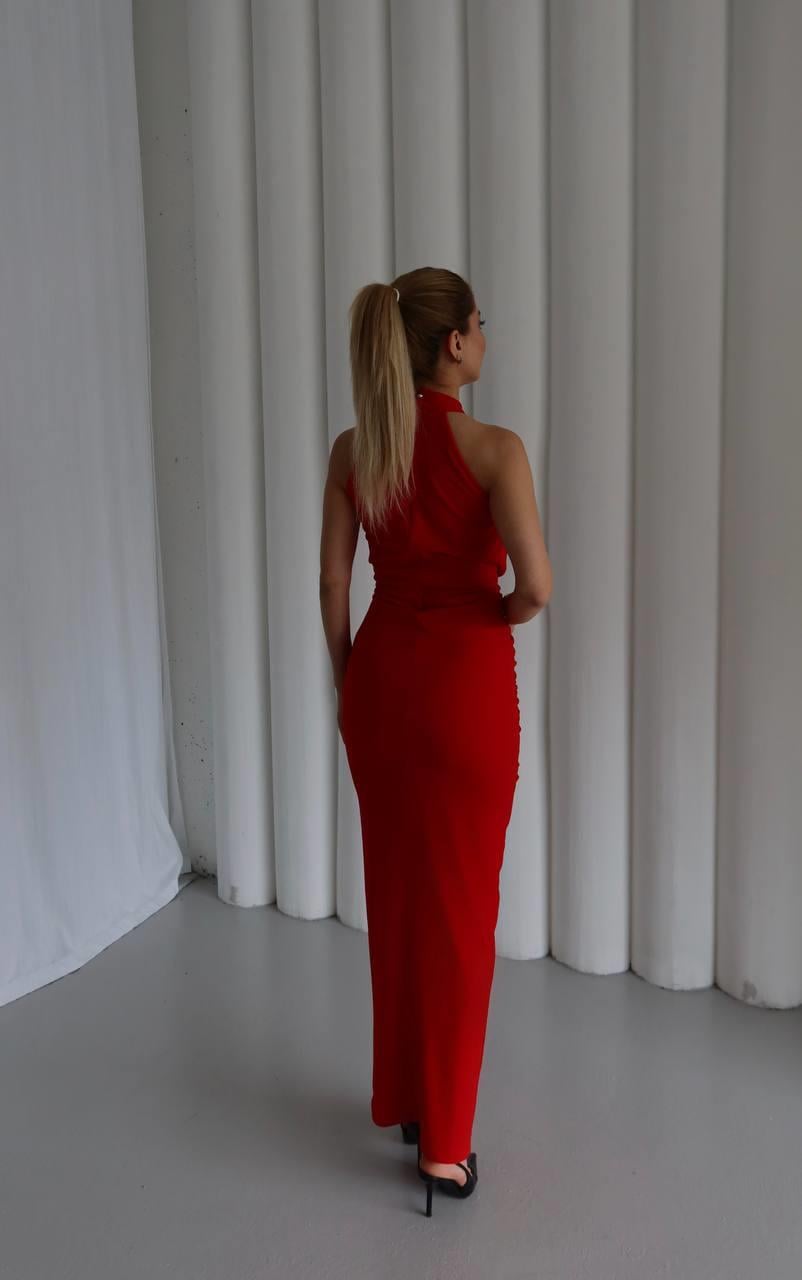 Molis Gül Detaylı Abiye Elbise Kırmızı