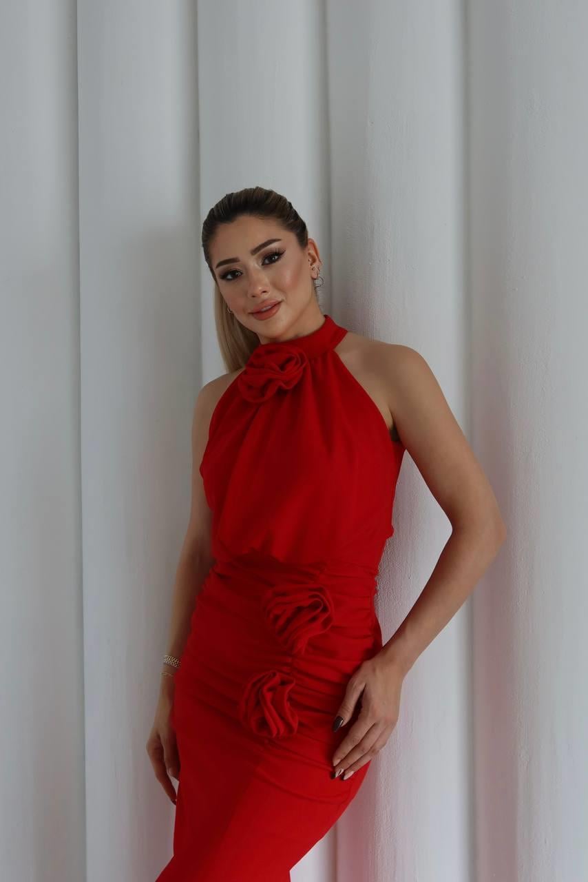 Molis Gül Detaylı Abiye Elbise Kırmızı
