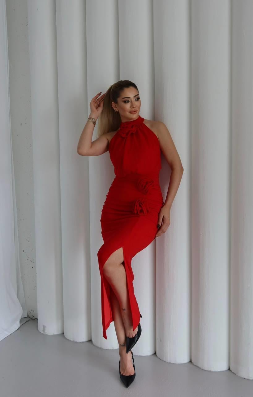 Molis Gül Detaylı Abiye Elbise Kırmızı