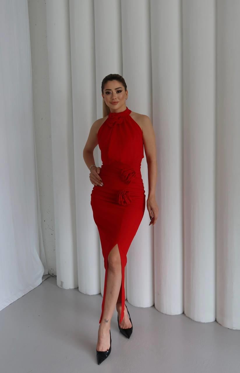 Molis Gül Detaylı Abiye Elbise Kırmızı