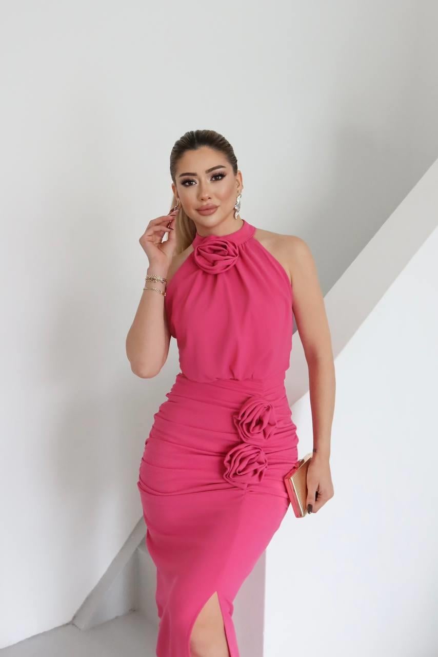 Molis Gül Detaylı Abiye Elbise Pembe