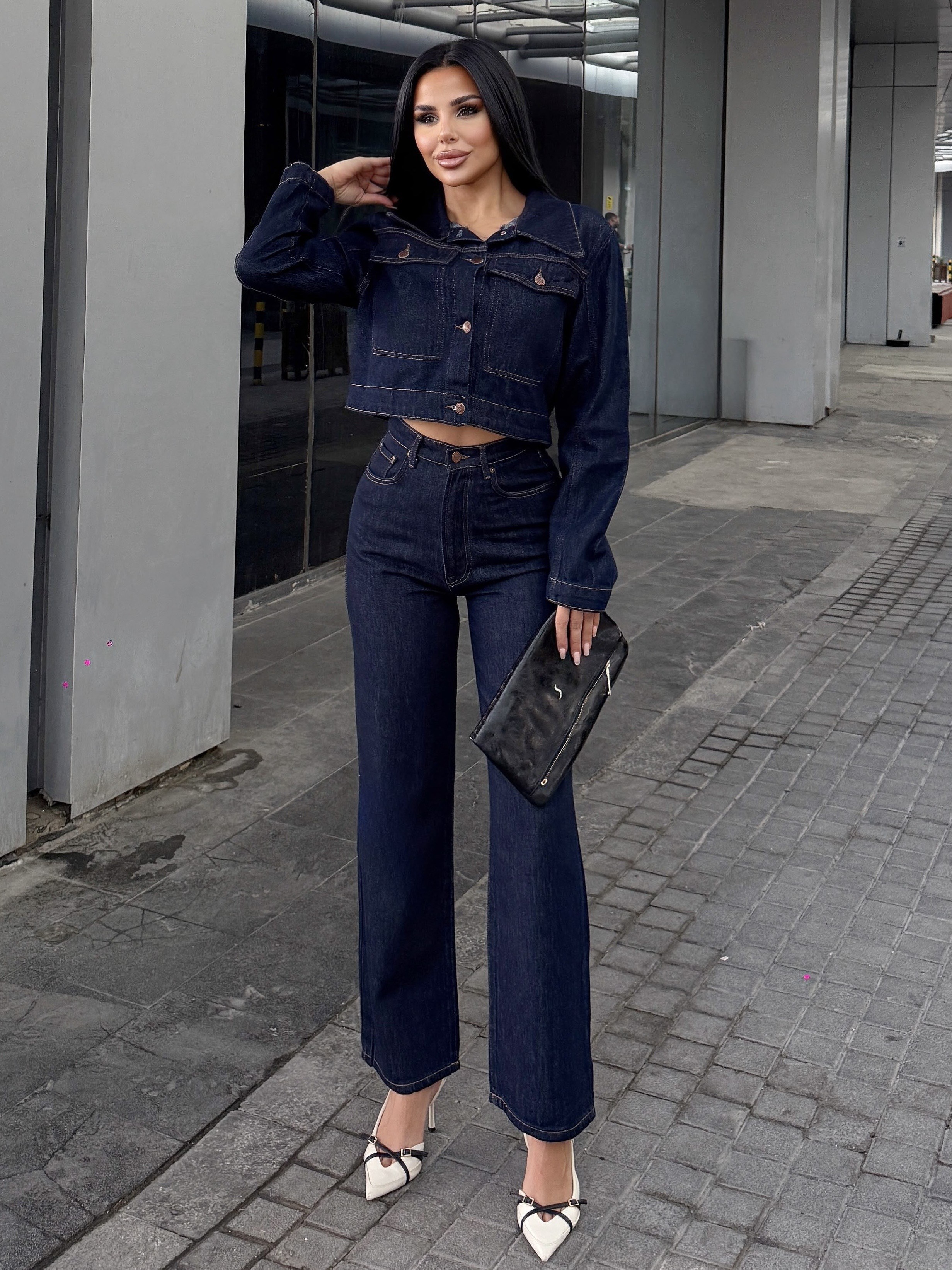 Nasse Kürk Yaka Detaylı Denim Takım Lacivert