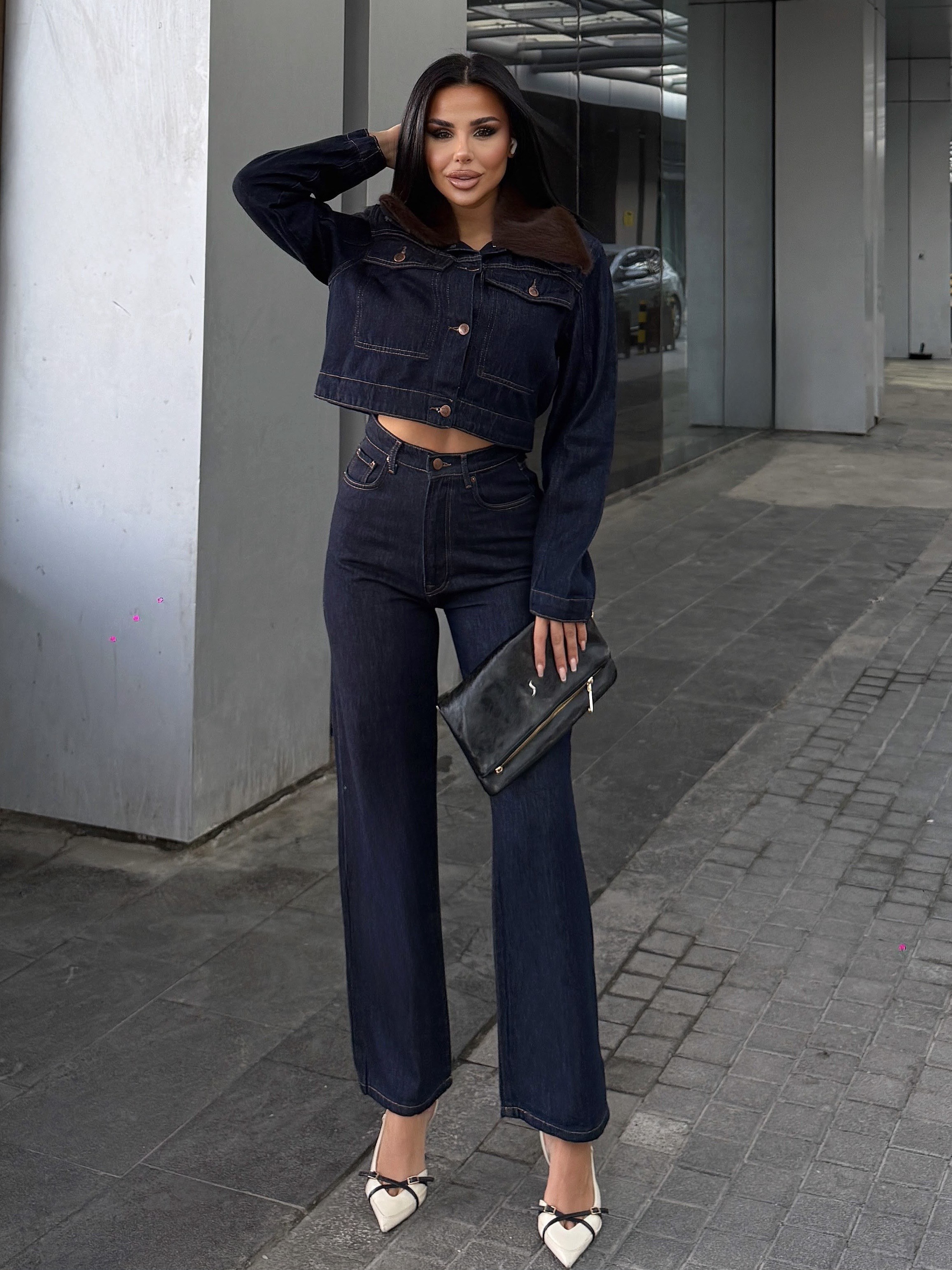 Nasse Kürk Yaka Detaylı Denim Takım Lacivert