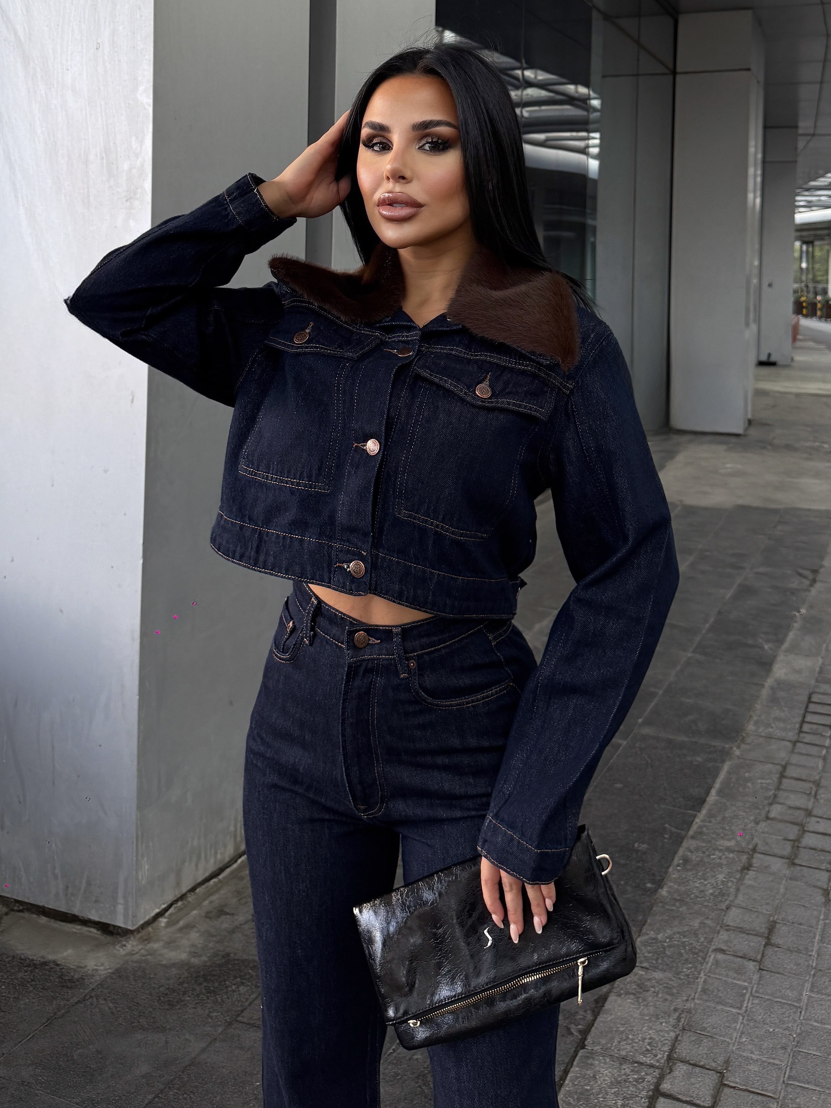 Nasse Kürk Yaka Detaylı Denim Takım Lacivert
