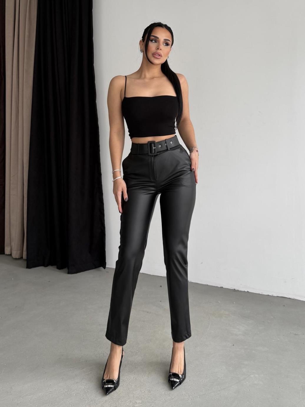 Nero Kemer Detaylı Deri Pantolon Siyah