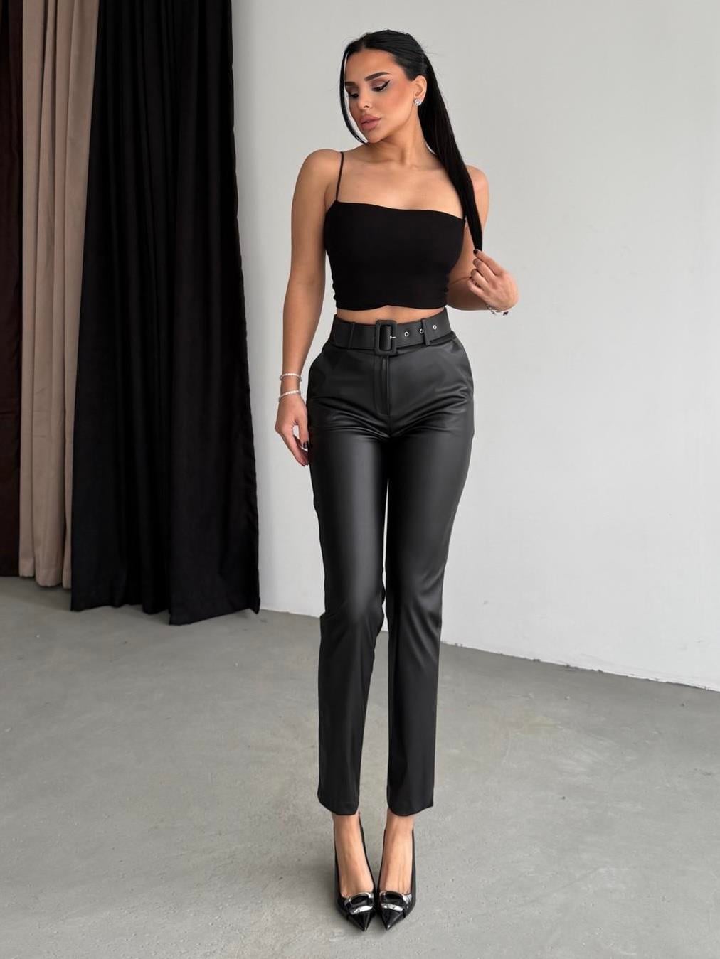 Nero Kemer Detaylı Deri Pantolon Siyah
