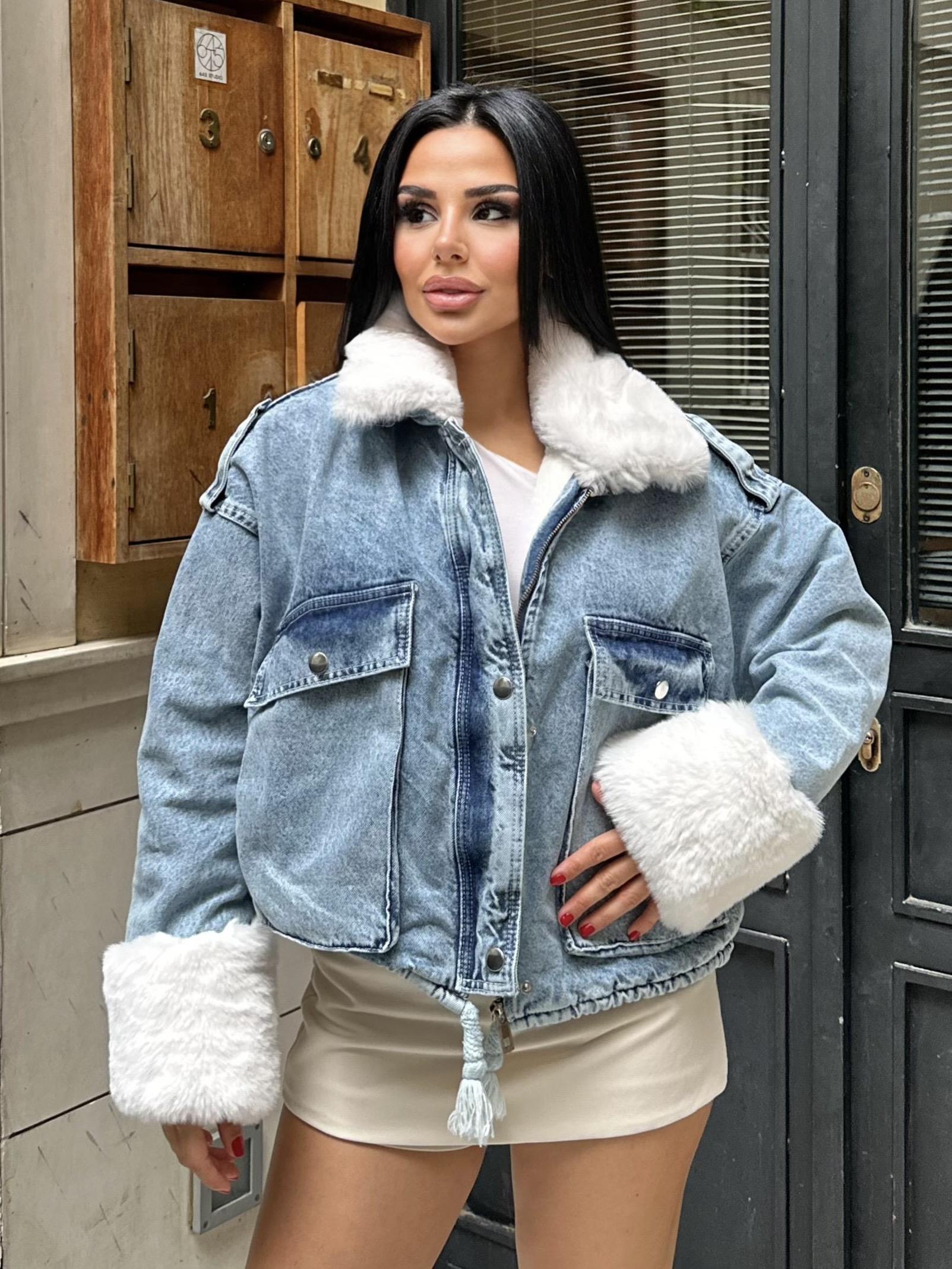 Nossa Kürk Detaylı Denim Ceket Mavi-Beyaz
