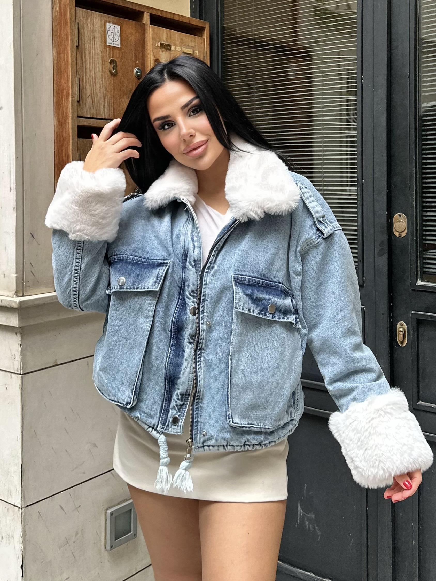 Nossa Kürk Detaylı Denim Ceket Mavi-Beyaz