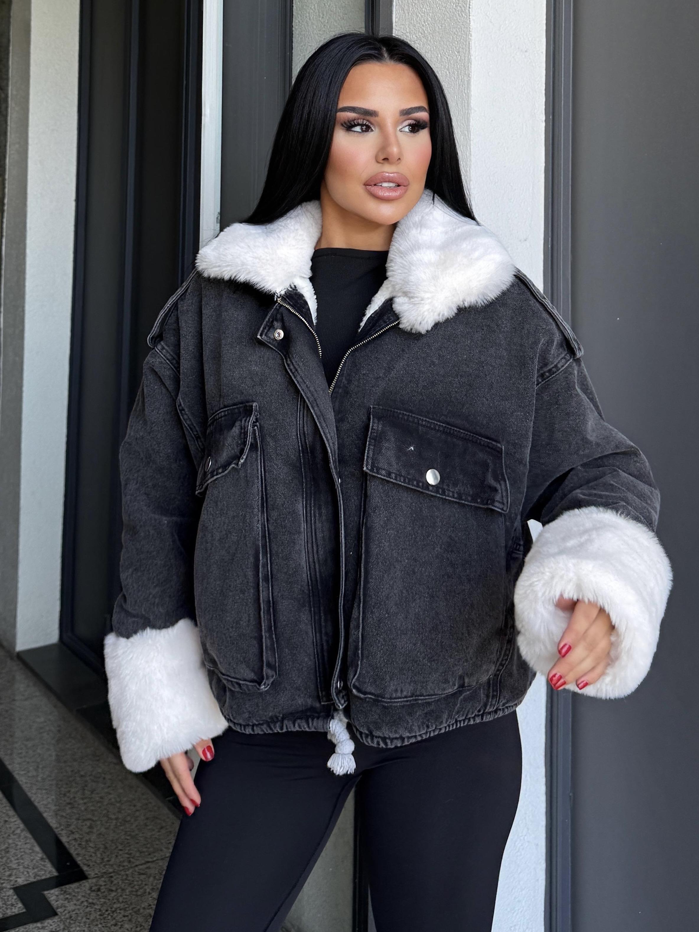 Nossa Kürk Detaylı Denim Ceket Siyah-Beyaz