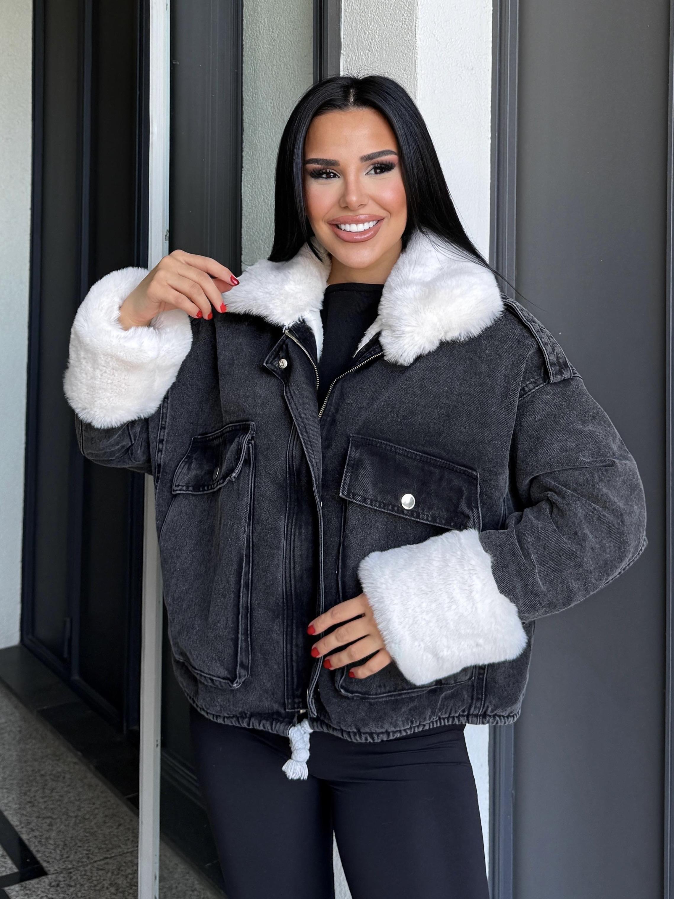 Nossa Kürk Detaylı Denim Ceket Siyah-Beyaz