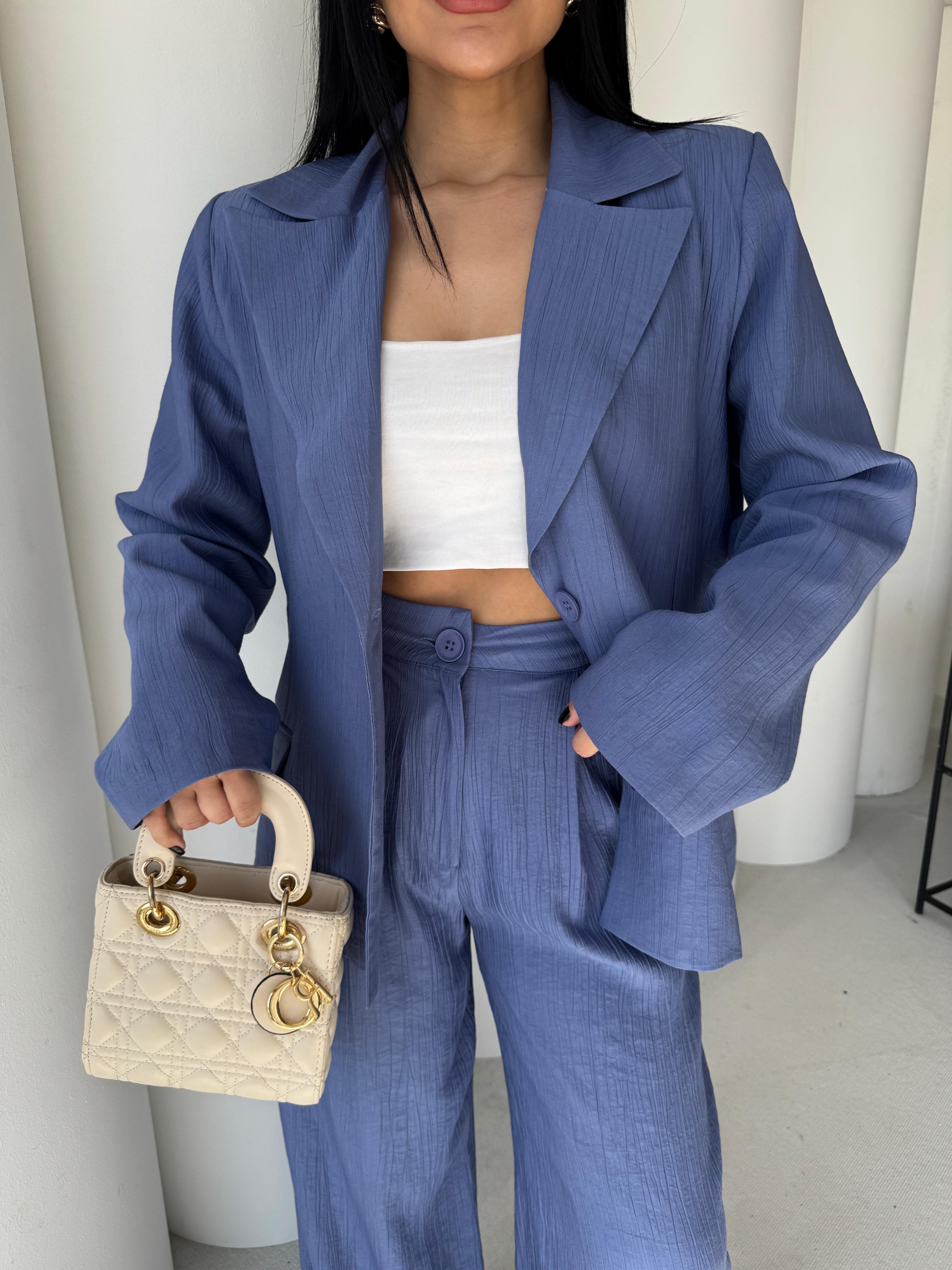 Pety Blazer Ceketli Keten Takım Mavi